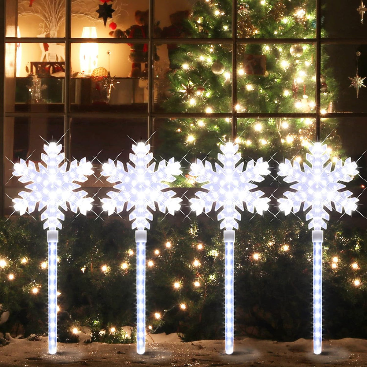 LAMPHOME Shooting 17" 568LED Snowflake Lawn Stake Light Super-Bright White 4 Stakes Total Christmas Outdoor Decoration with UL Standard Adaptor for Outdoor Pathway Lawn Holiday Party Home