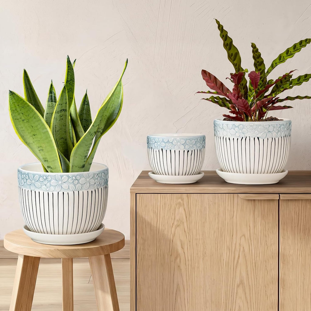 Gray Flower Pots, Texture Ceramic Plant Pots for Indoor Plants Set of 3 | Planters with Saucer | Cute Garden Pots