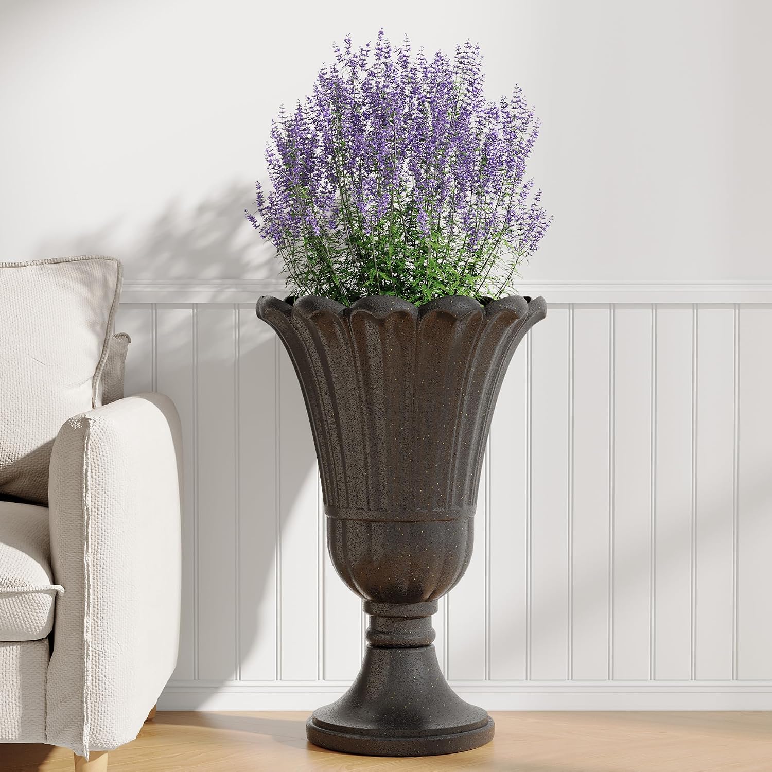 24" Tall Urn Planters Set of 2, Black Outdoor Planter for Porch | HDPE Resin Weather-Resistant Large Planters with