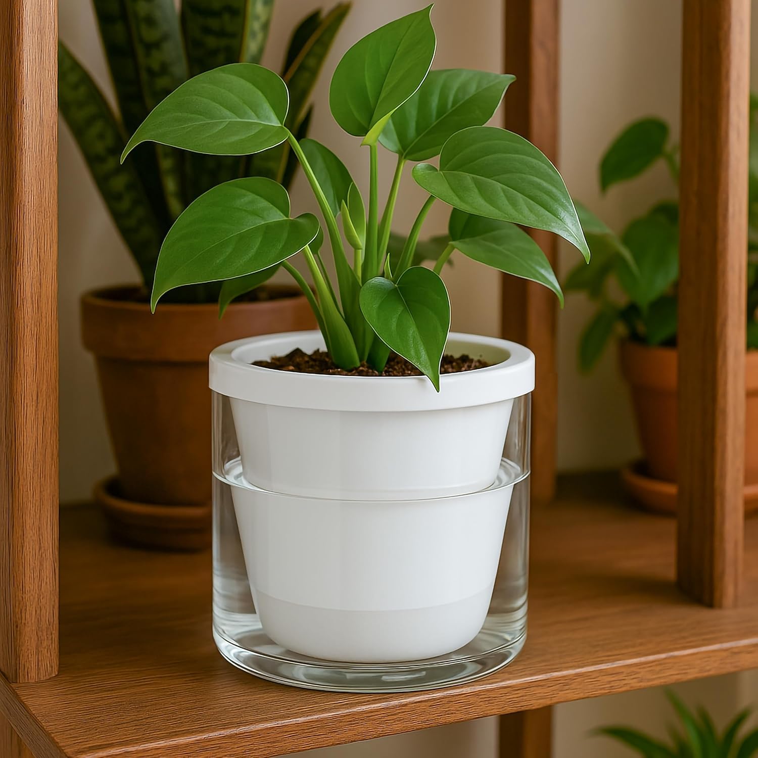 D'vine Dev Self-Watering White Terracotta Planter Pot, 6 in, 37-X-B-2 | Terracotta & Glass Design, Clear Water