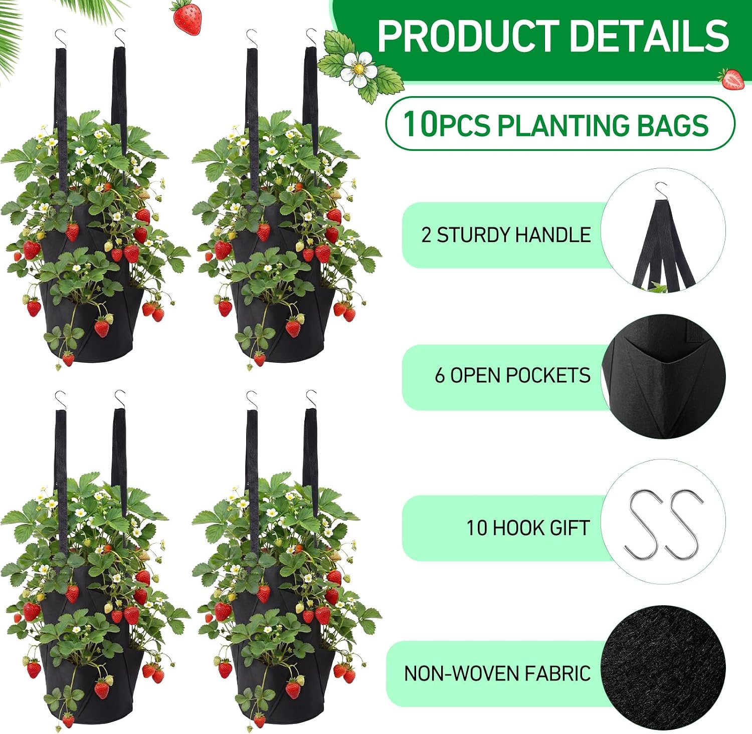 SATINIOR 10 Pack Upside Down Strawberry Planter Set Hanging Vegetables Grow Bags with 10 S Hooks, 3 Gallon Fabric
