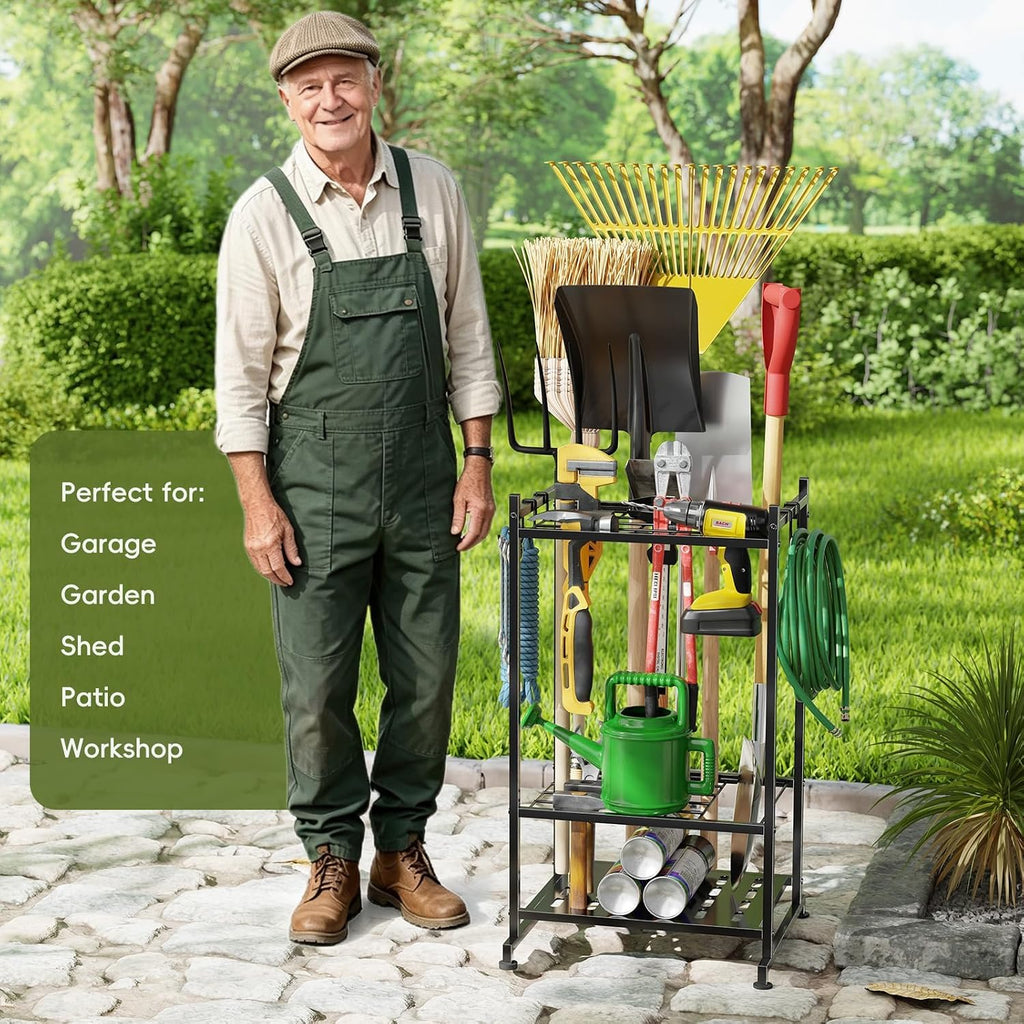 Garden Tool Organizer with Leveling Feet, Yard Tool Tower Rack for Garage Organization with Large Tool Bags with