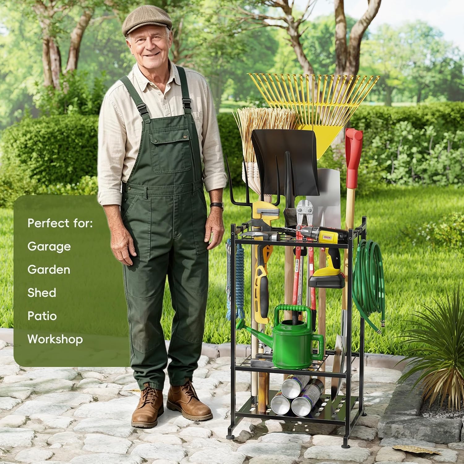 Garden Tool Organizer with Leveling Feet, Yard Tool Tower Rack for Garage Organization with Large Tool Bags with