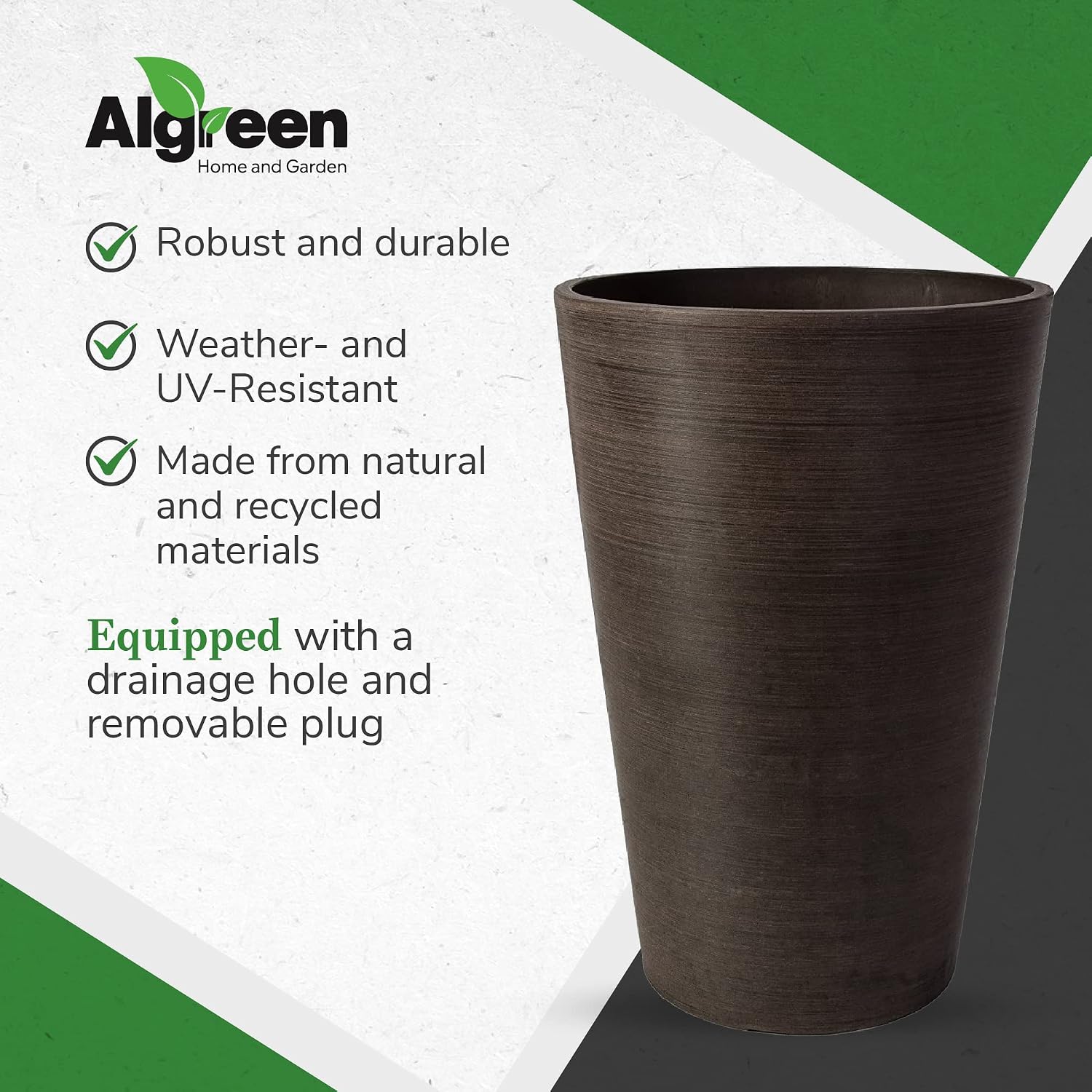 Algreen Valencia Round Planter Pot, 12.25 by 18-Inch, Textured Brown | Round Shape, Indoor Use, UV And Weather