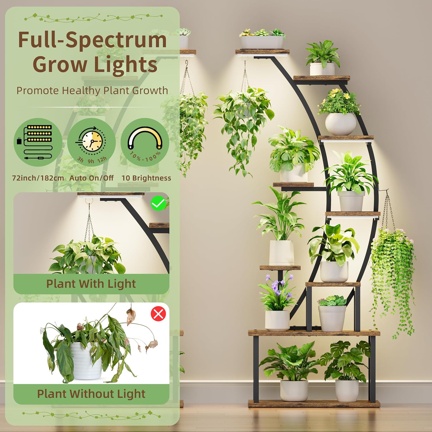 2 Pack Plant Stand Indoor with Grow Lights, 9 Tier Large Tall Plant Shelf | 64" Metal Lighted Plant Stands for Indoor