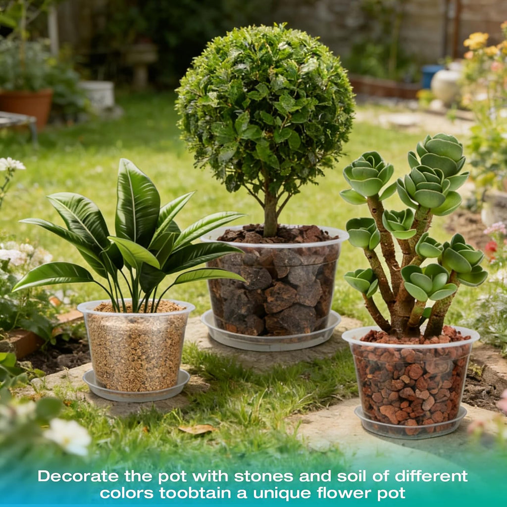8/10/12 Inch Clear Nursery Pots with Drainage and Sacuers, 15 Pack Plastic Pots for Plants Indoor Outdoor, Variety