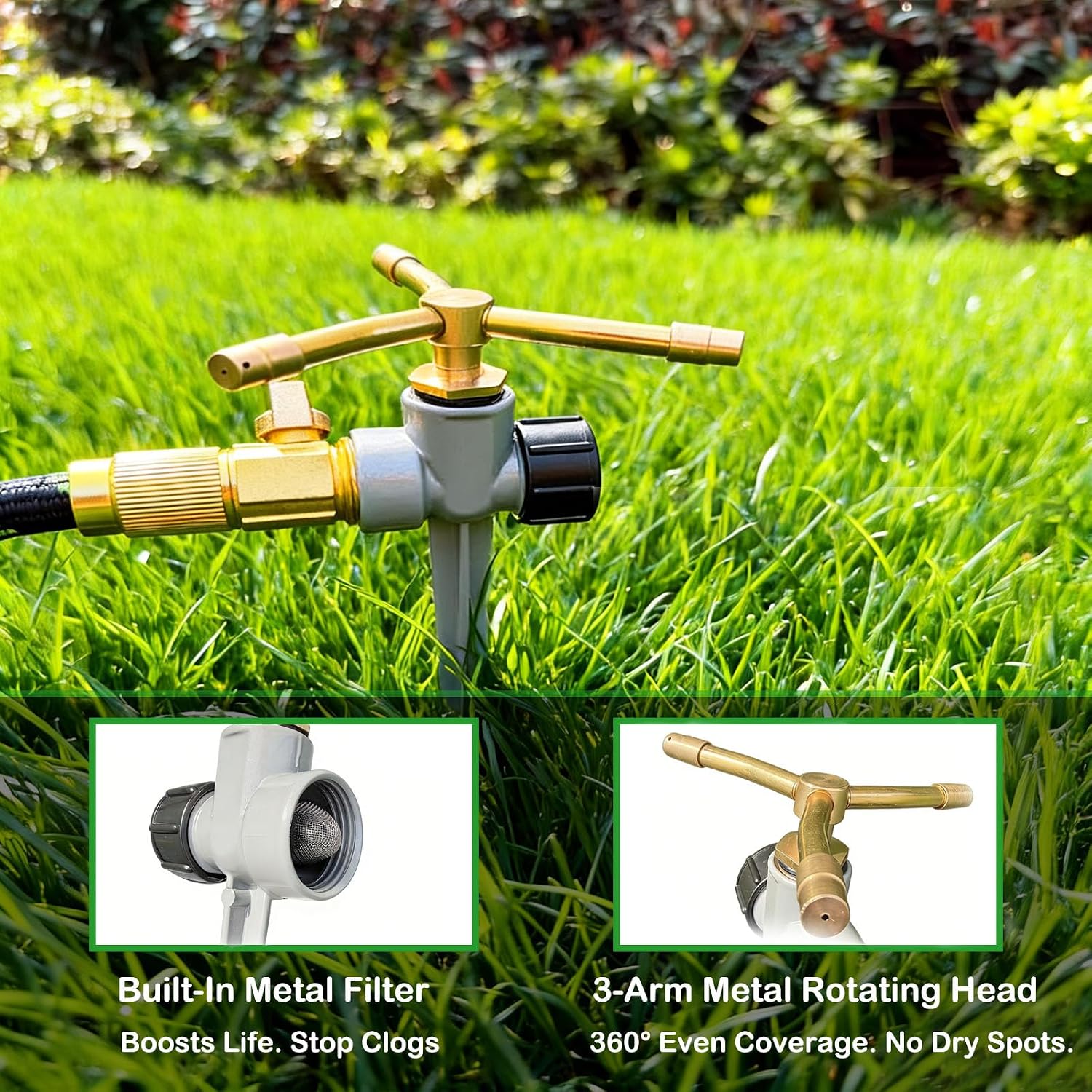 [2 Pack] 3-Arm Rotary Sprinkler Brass Nozzle Metal Spike Base | 3-arm rotary, brass nozzle, metal spike base, 360°