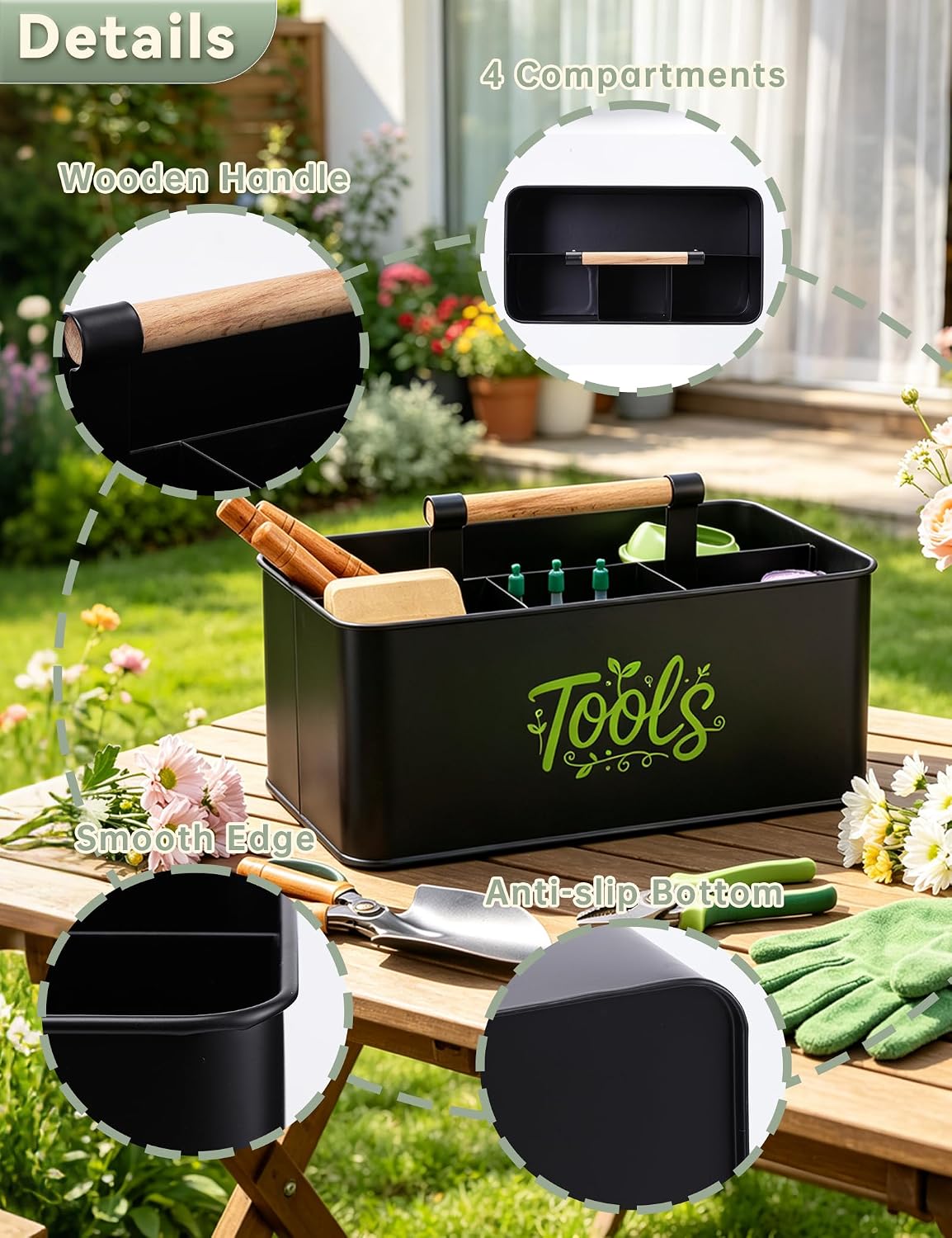 Gardening Tool Caddy, Wooden Handle and 4 Compartments | Metal Black Garden Tool Basket, Large Capacity Garden Caddy