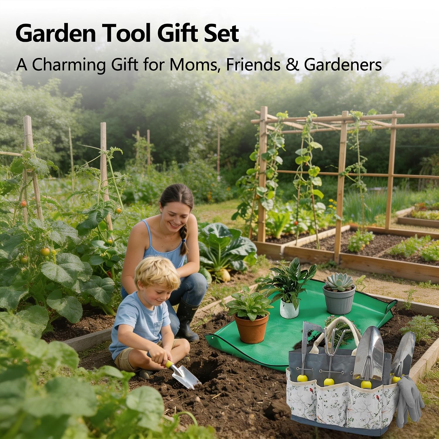 11-Piece Stainless Steel Gardening Tool Set with Floral Tote Bag | Includes 7 hand tools, gloves, spray bottle and