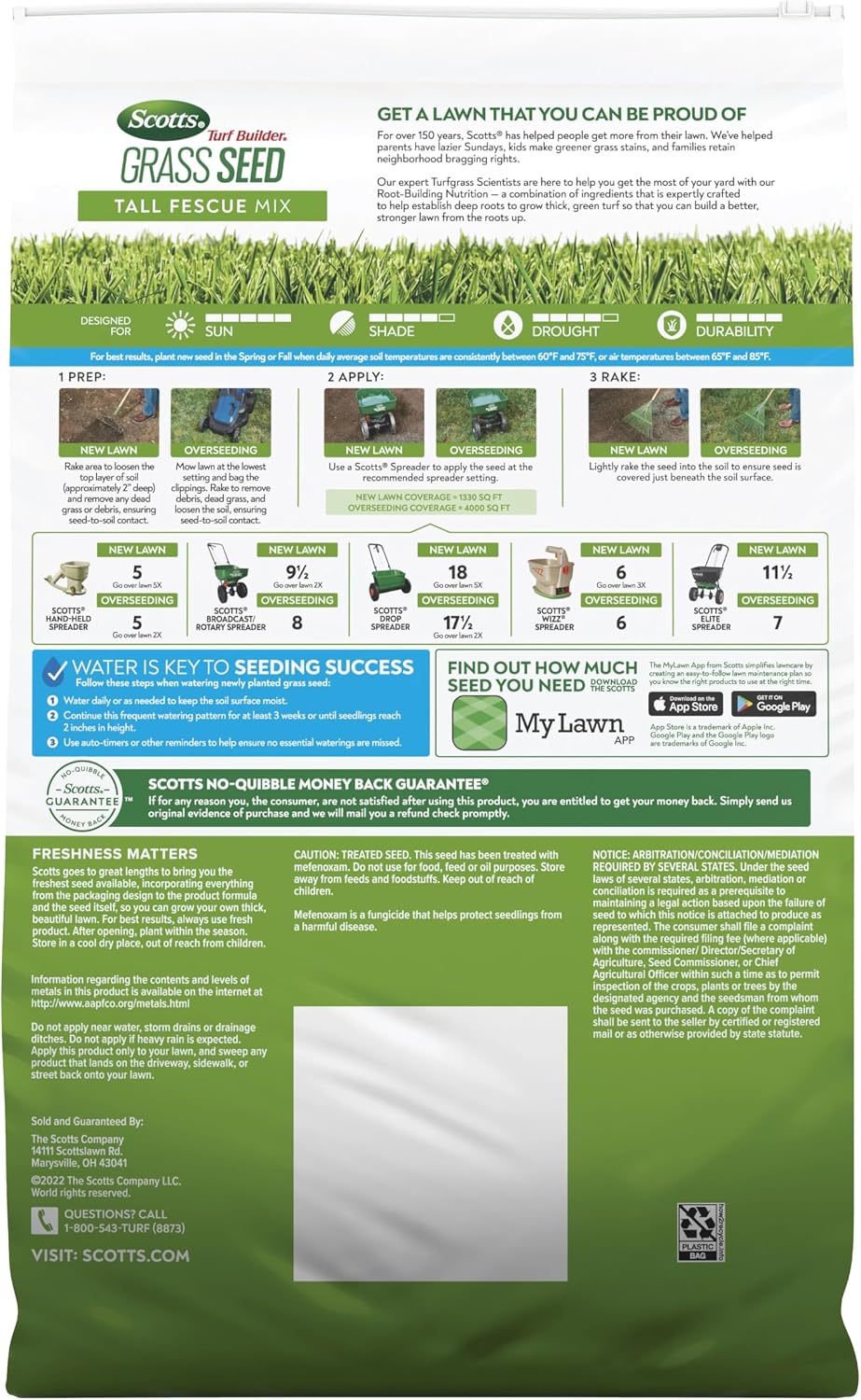 Scotts Turf Builder Grass Seed Tall Fescue Mix, 16 lbs. | Durable to Resist Harsh Conditions, Lawn Seed, Grass