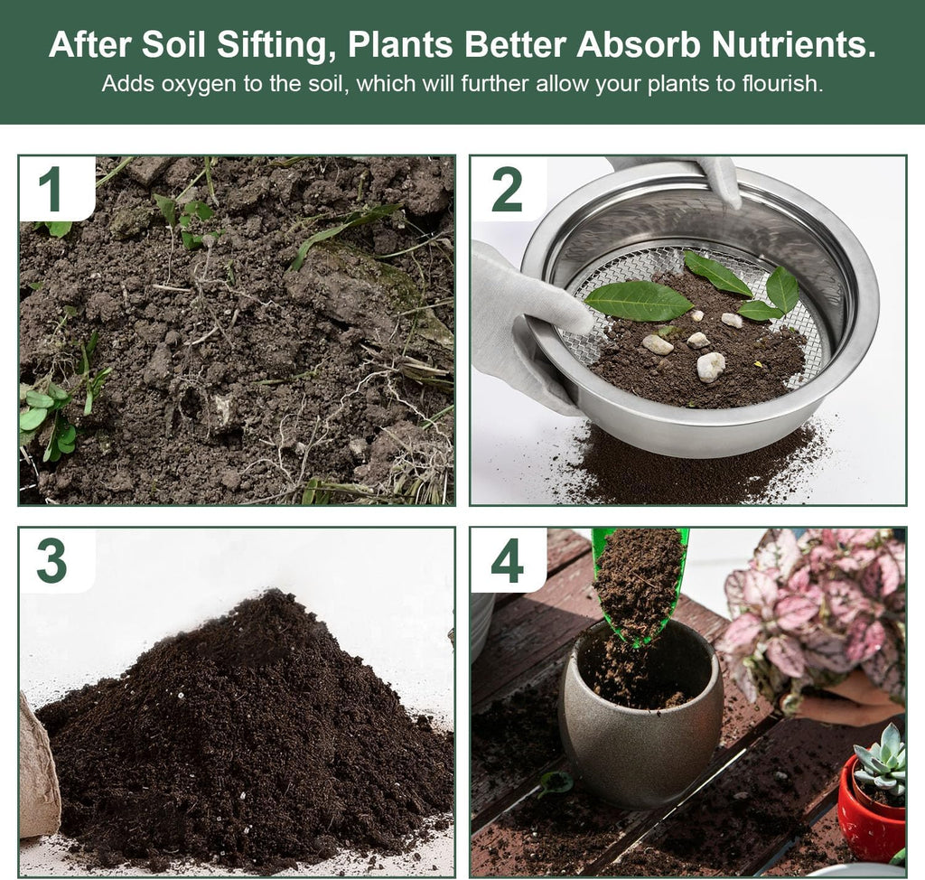 Soil Sieve Set Garden Soil Sifter Stainless Steel Mesh Sifter,Compost Sifter with 1,3,6,9,12mm Sieve Mesh and Bonsai
