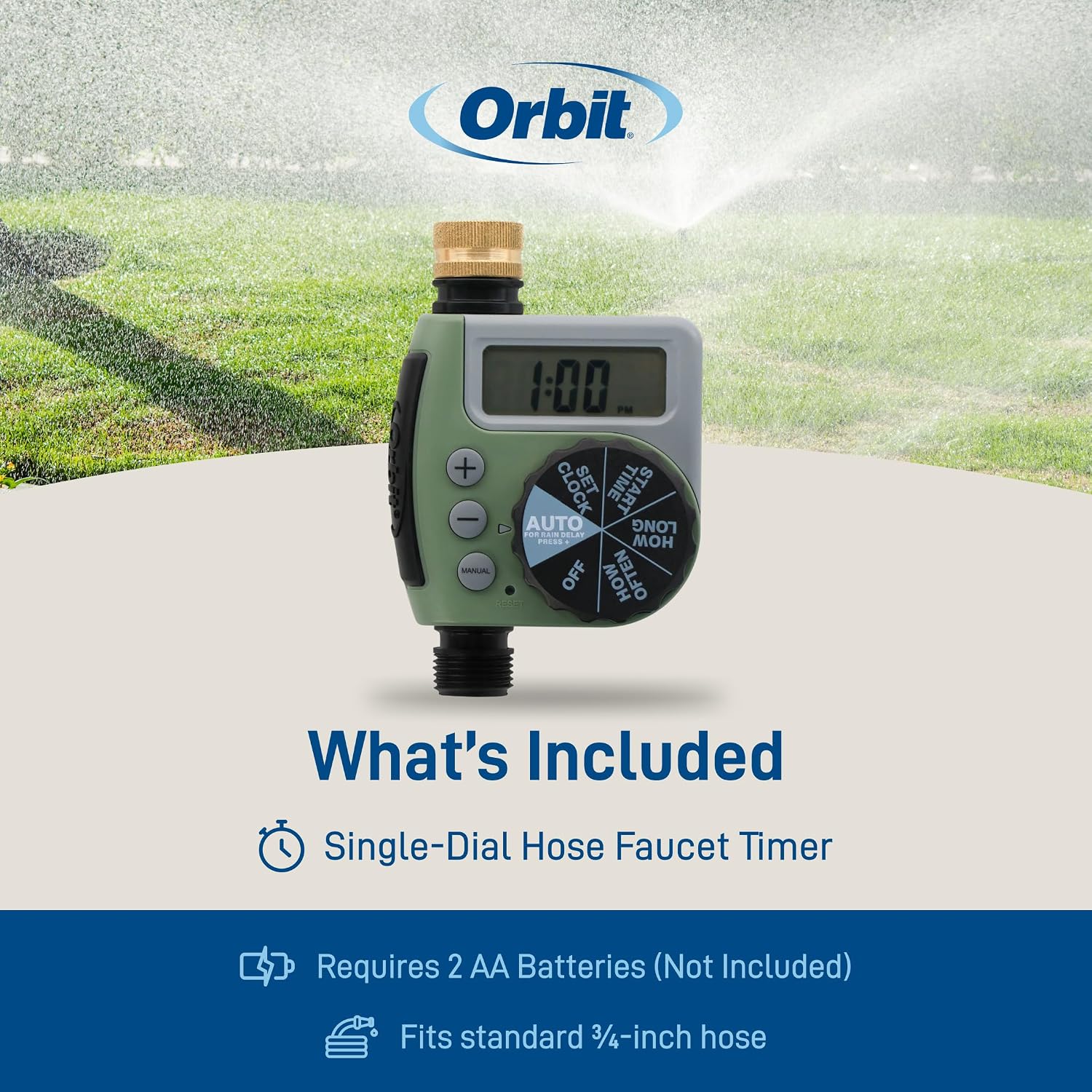 Orbit One Outlet Single-Dial Hose Faucet Timer - Easy Programmable - For Garden Watering System - LCD Hose Timer with