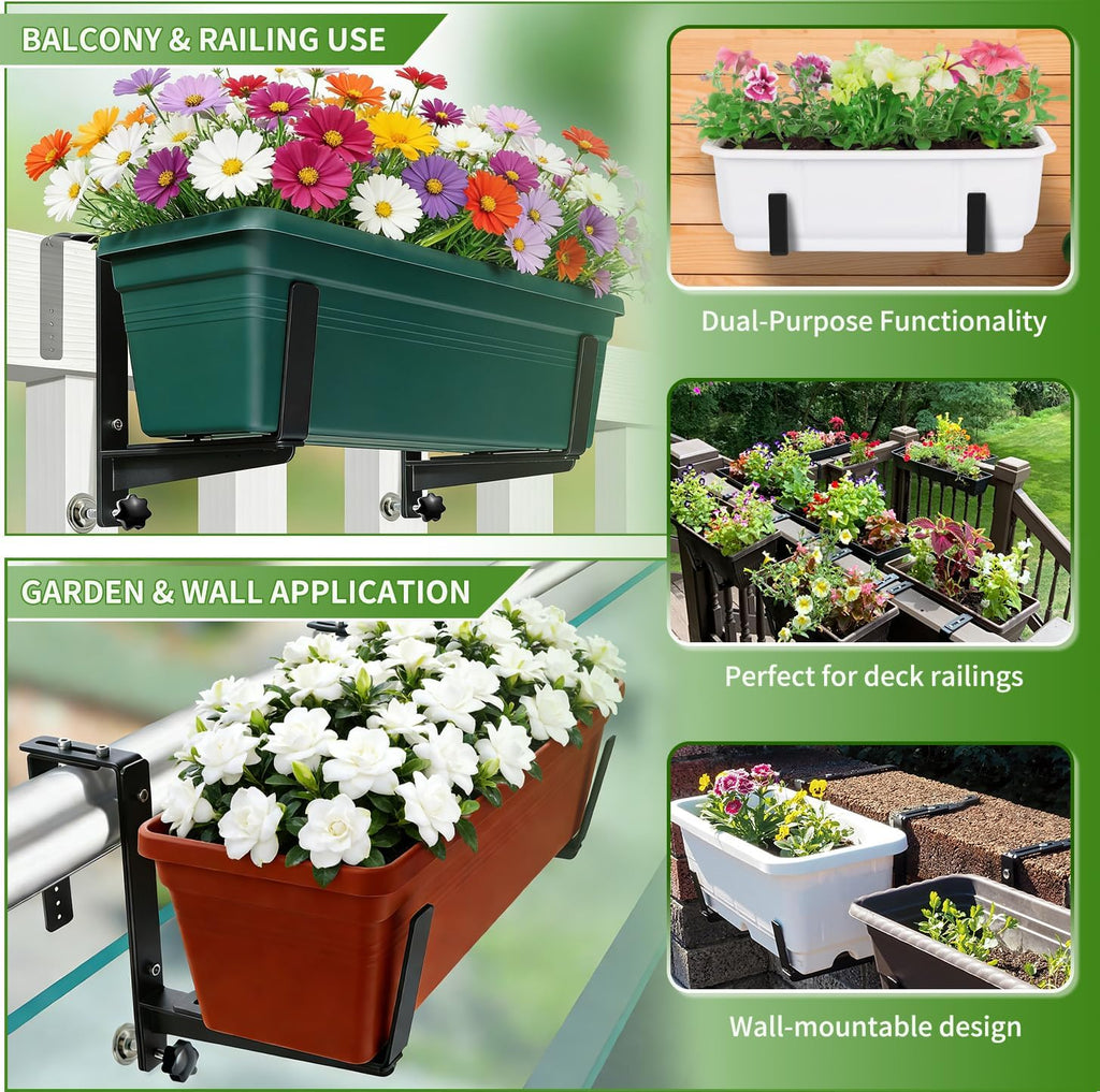 Heavy Duty Adjustable Window Box Brackets | Iron Planter Box Hangers, Reinforced Bottom Support, For Balcony, Fence