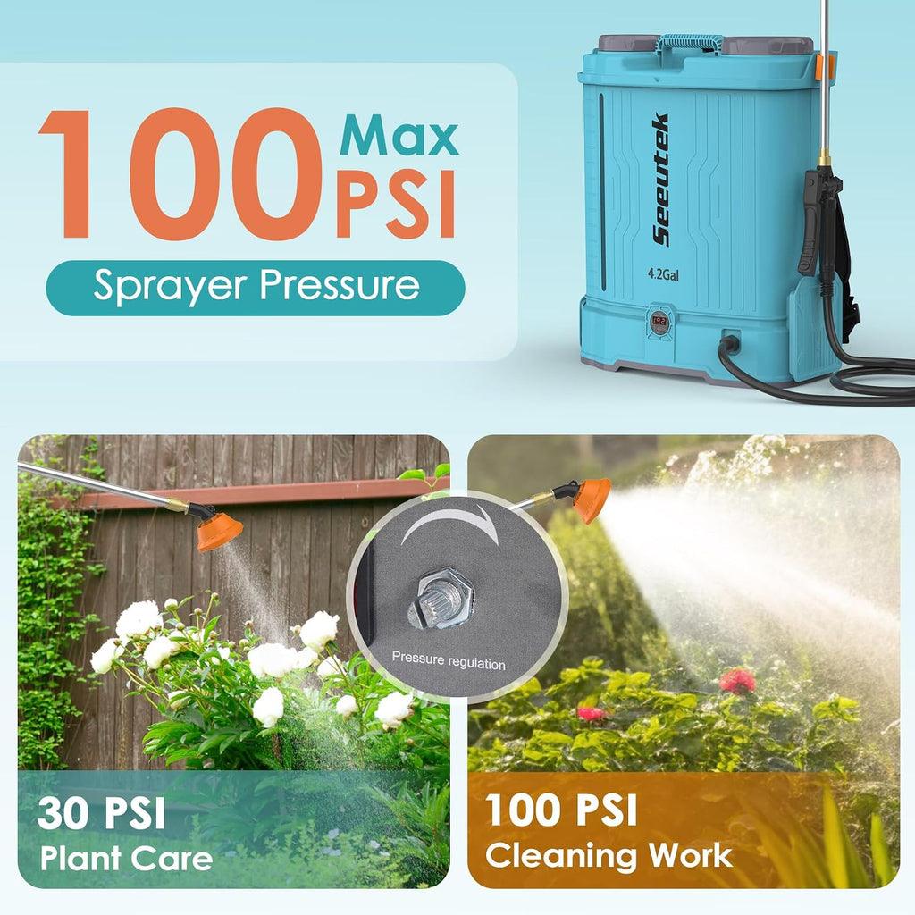 SEEUTEK 4.2 Gallon Battery Powered Backpack Sprayer,Electric Garden Sprayer | 0-100 PSI, Mix Function, Telescopic Wand