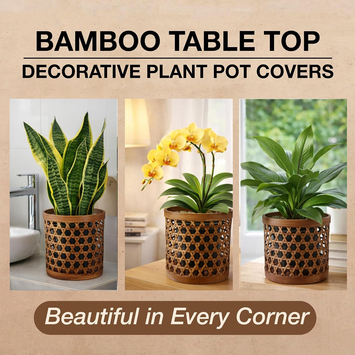 Handcrafted Bamboo Tabletop Decorative Plant Pot Covers - Multi Set of 3 – for Indoor Plants, Orchids, Succulents –