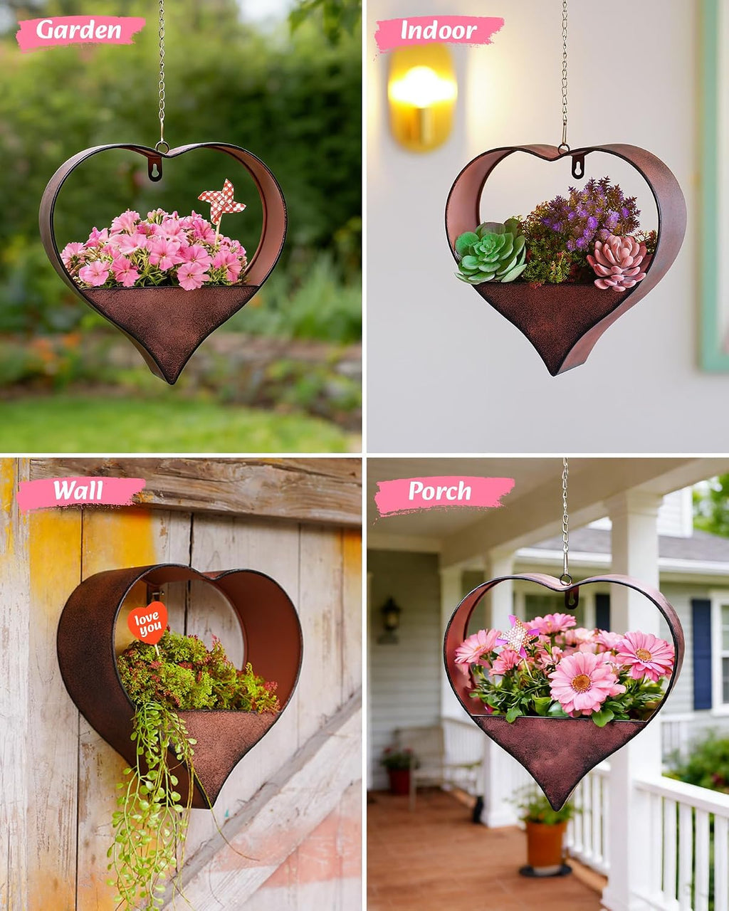 Metal Plant Hangers Indoor and Outdoor: Pots with Drainage Hole | Heart Shape Hanging Planters for Window Wall Living