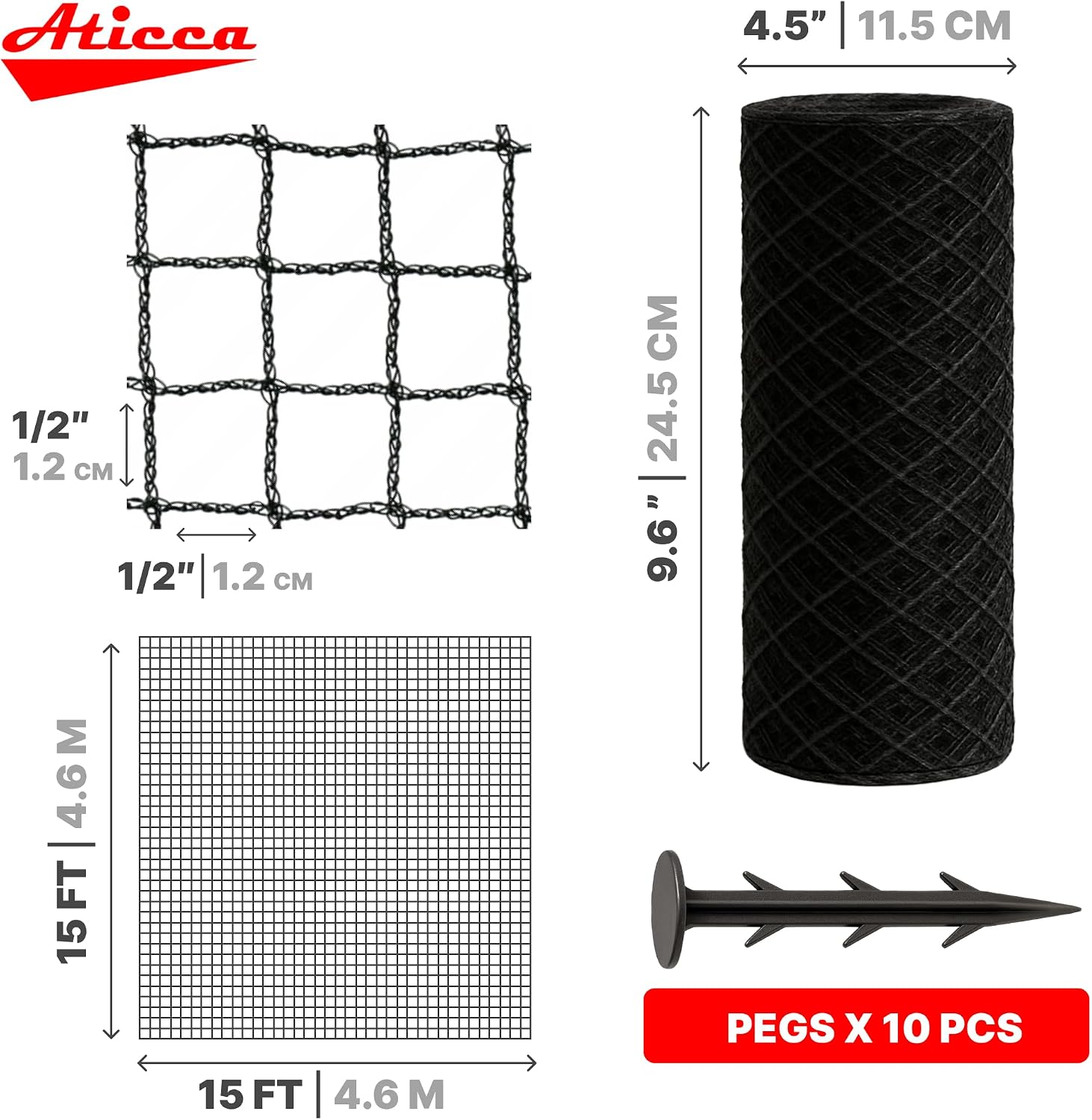 ATICCA Heavy Duty Bird Netting for Garden Protection & Fruit Trees, 15x15 Ft with 10 Stakes – Black Anti-Bird Net for