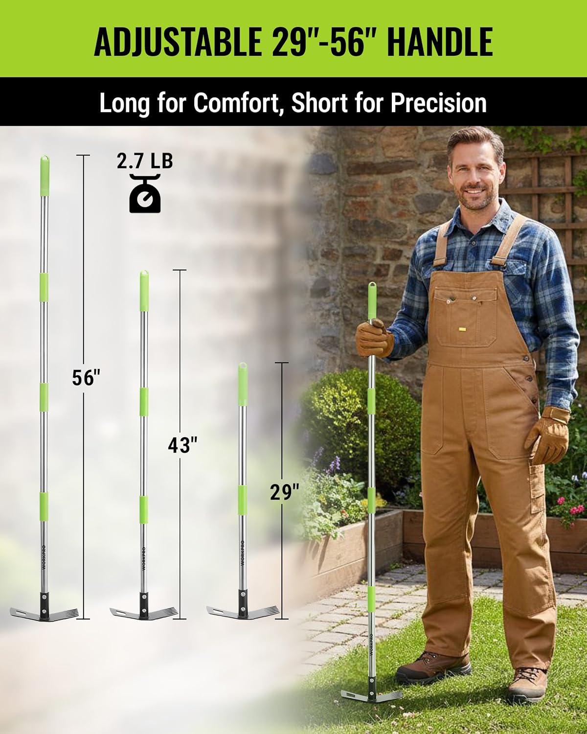 WORKPRO Weed Puller Tool with Long Handle, 2-in-1 Garden Hoe & Weed Rake | 29"-56" Adjustable Manual Weeding Tool