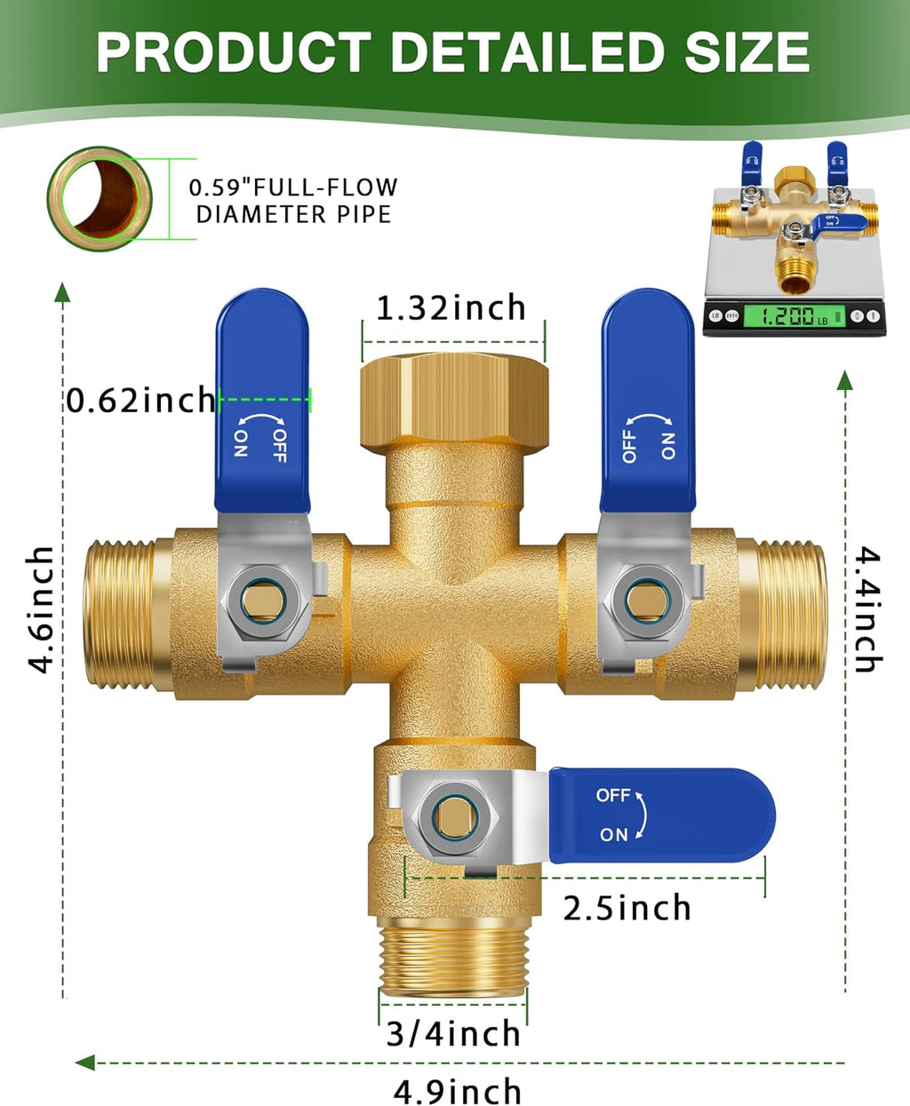 Garden Hose Splitter, 3 Way Heavy Duty Brass hose splitter, Water Hose Bib Spigot Splitter with 0.59" Full Flow Ball