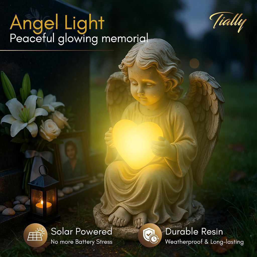 Solar Angel Garden Statue with Heart, 12" Memorial Light Up Angel | Glowing Lighted Heart Bright Every Night