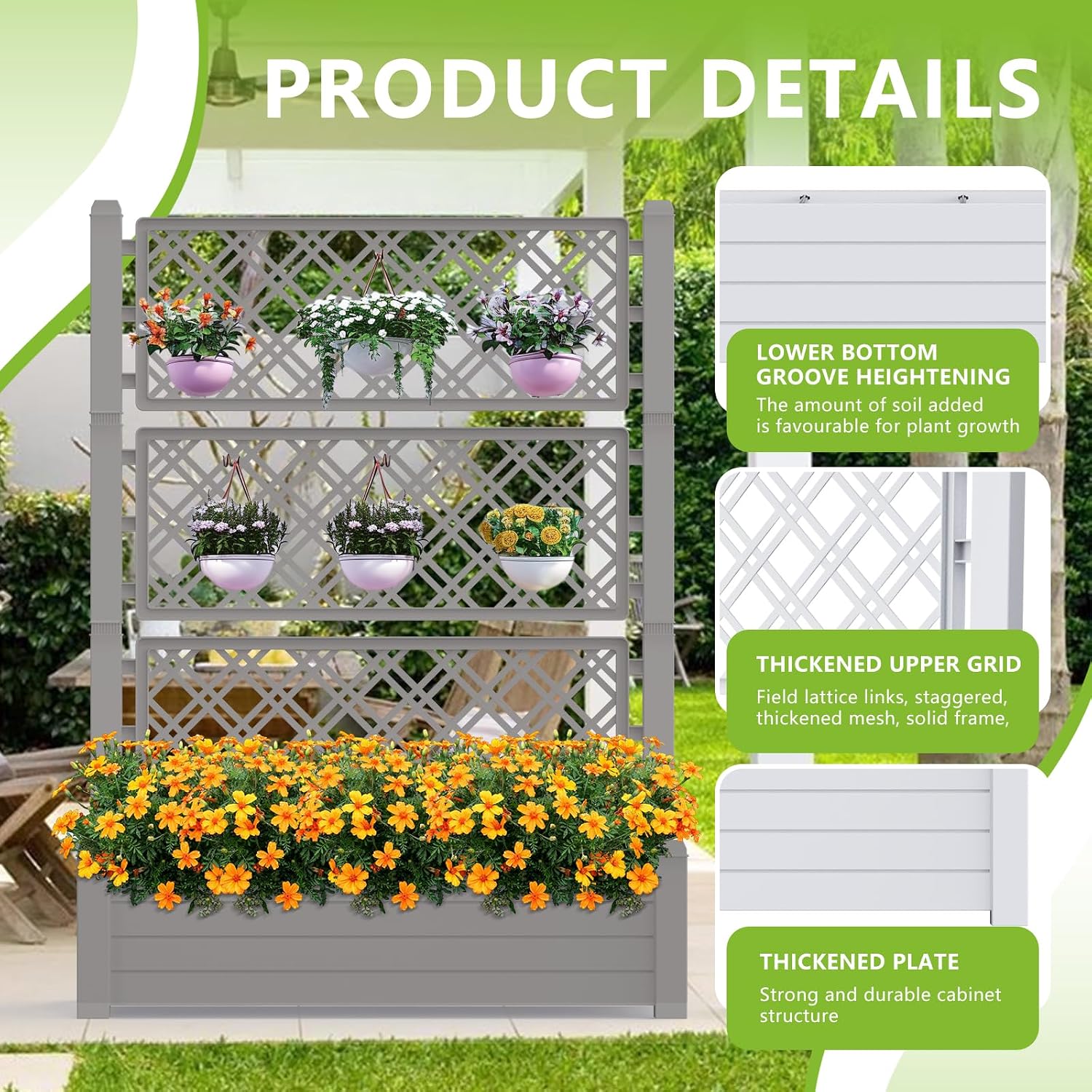 Raised Garden Bed with Trellis for Climbing Plants, Raised Herb Garden Bed with Drainage Plug & Water Level Gauge