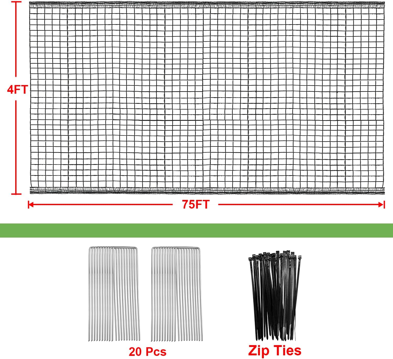 4 x 75ft Deer Fence Netting, Heavy Duty Plastic Mesh Fence Deer Netting, 55GSM Deer Fence for Garden, Reinforced Edges