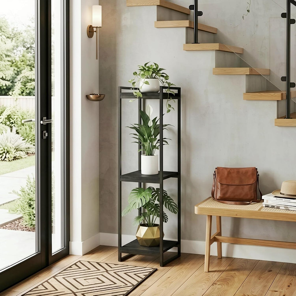 45" Tall Indoor Plant Stand, 3-Tier Flower Pot Rack, Black | Modern Minimalist Look, Wood Finish, for Living Room