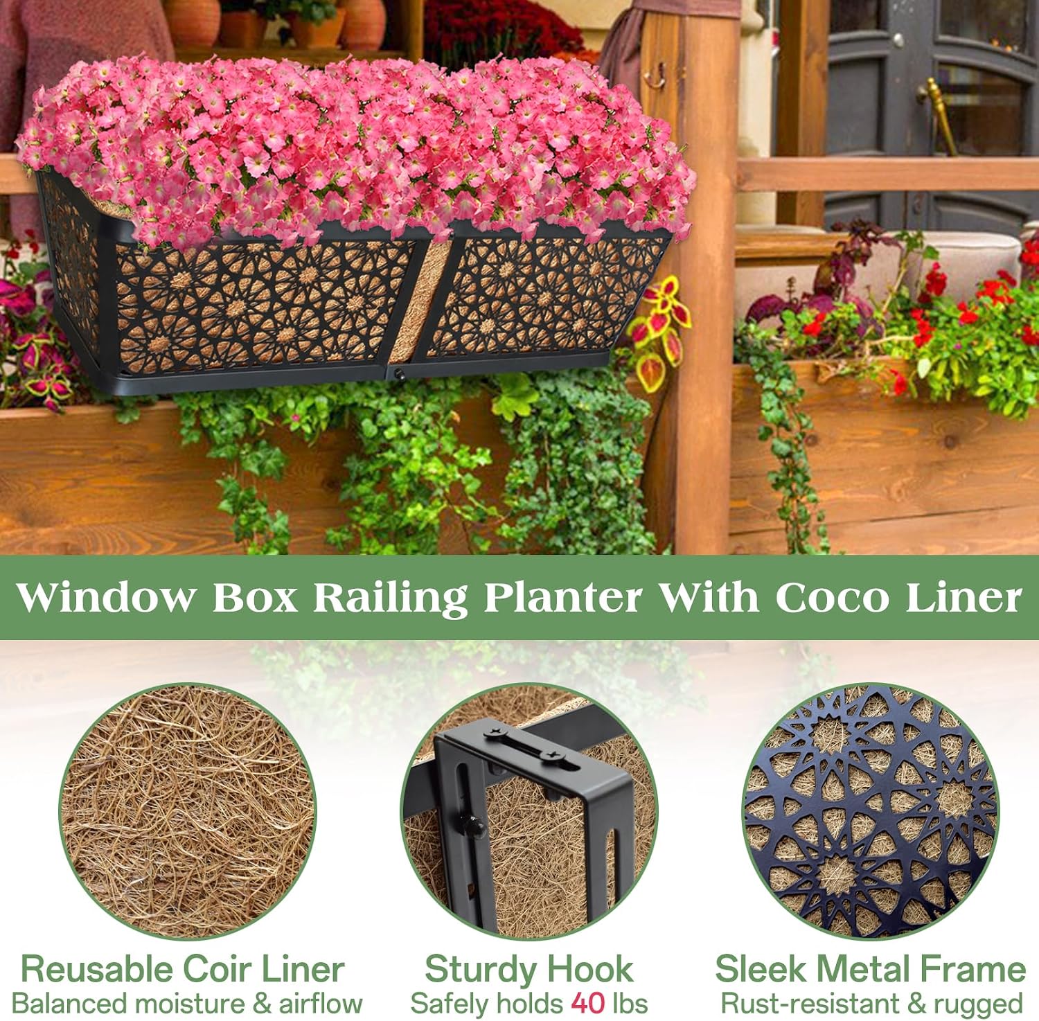 3 Pack Over Railing Planter Box, 24 Inch Window Box with Coco Liner | with Adjustable Brackets, Rust-Resistant Metal