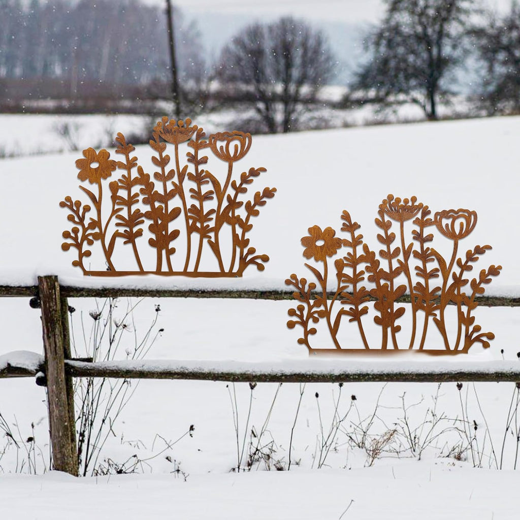 Decorative Wild Flowers Stakes Set of 2, Rusty Metal Flower for Outside | Metal Flowers Yard Art 29 x 14.0 inches