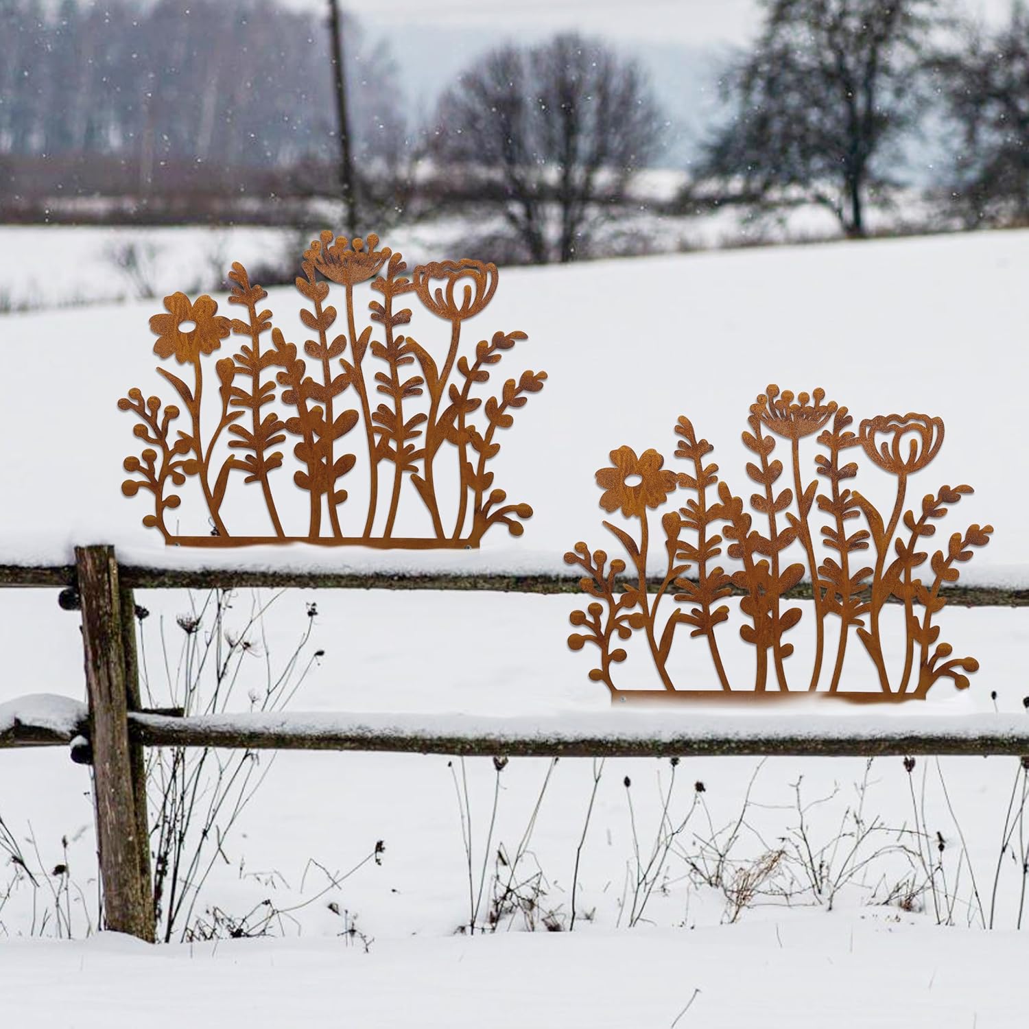 Decorative Wild Flowers Stakes Set of 2, Rusty Metal Flower for Outside | Metal Flowers Yard Art 29 x 14.0 inches