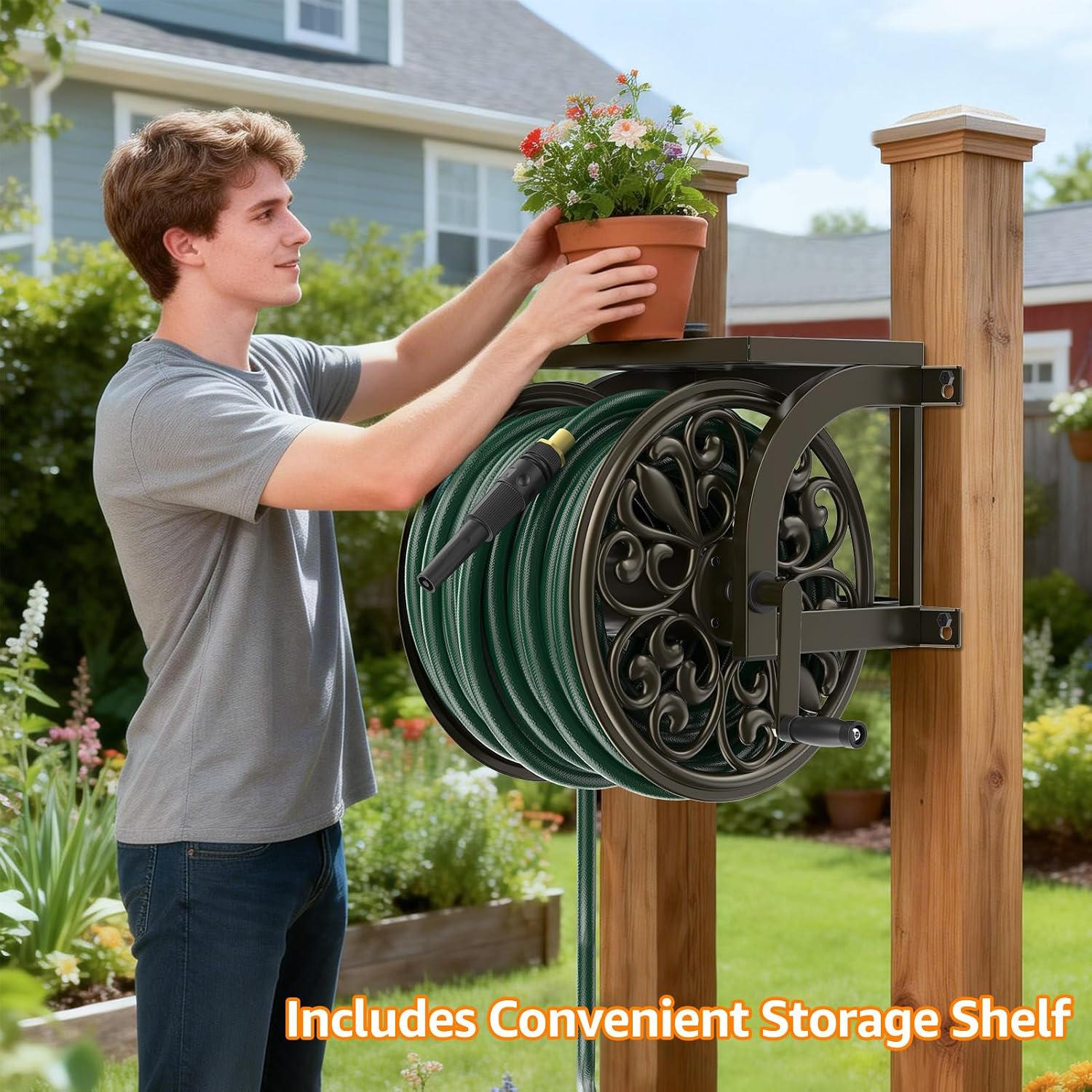 GOFORWILD Wall Mount Garden Hose Reel, Holds 200-Feet of 5/8-Inch Hose | Decorative Hose Reel, Heavy-Duty Water Hose
