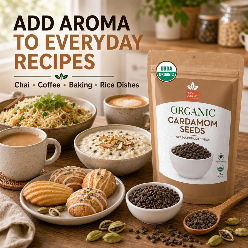 SPICY ORGANIC Premium Decorticated Organic Cardamom Seeds – 100% USDA Organic - Perfect for enhancing the taste of a