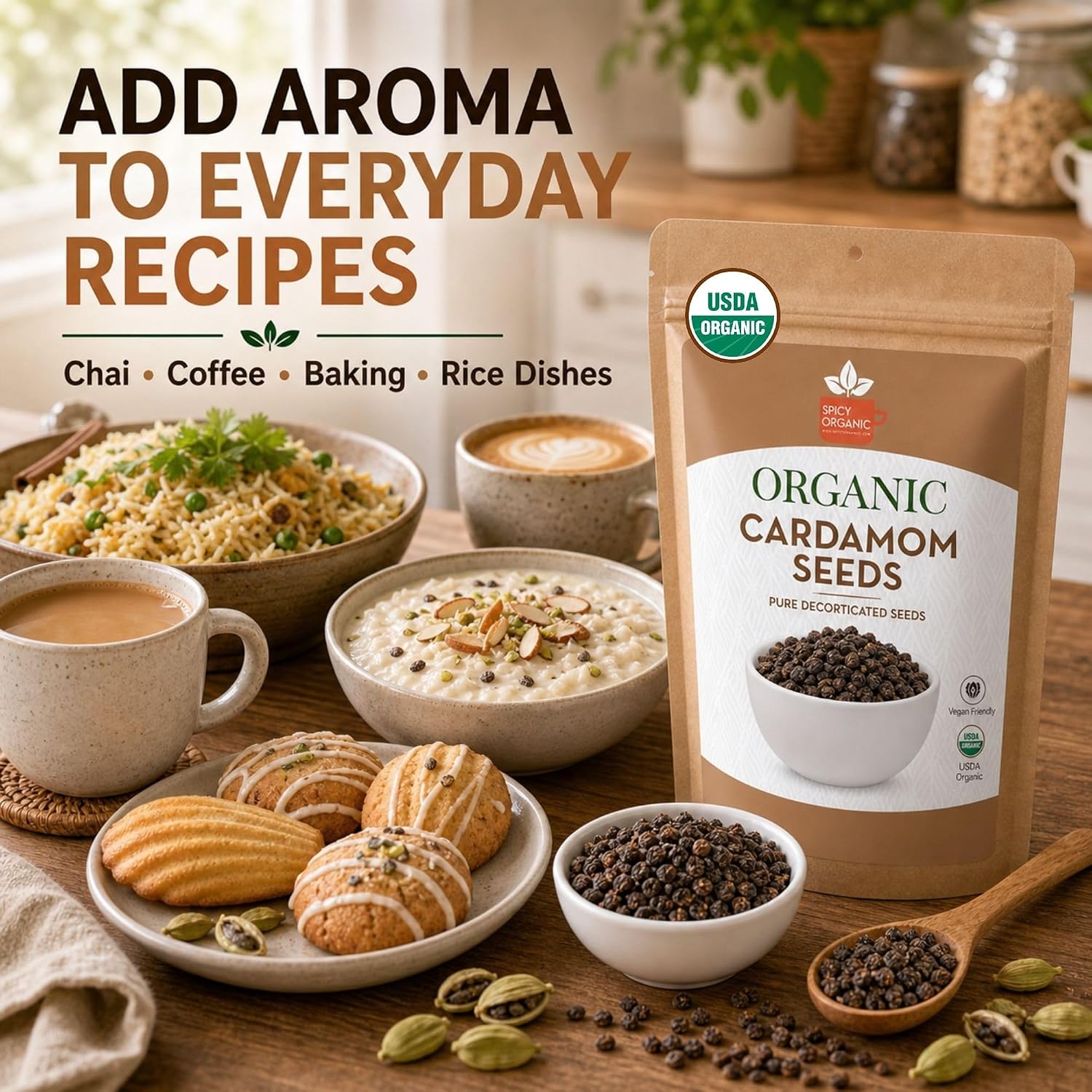 SPICY ORGANIC Premium Decorticated Organic Cardamom Seeds – 100% USDA Organic - Perfect for enhancing the taste of a