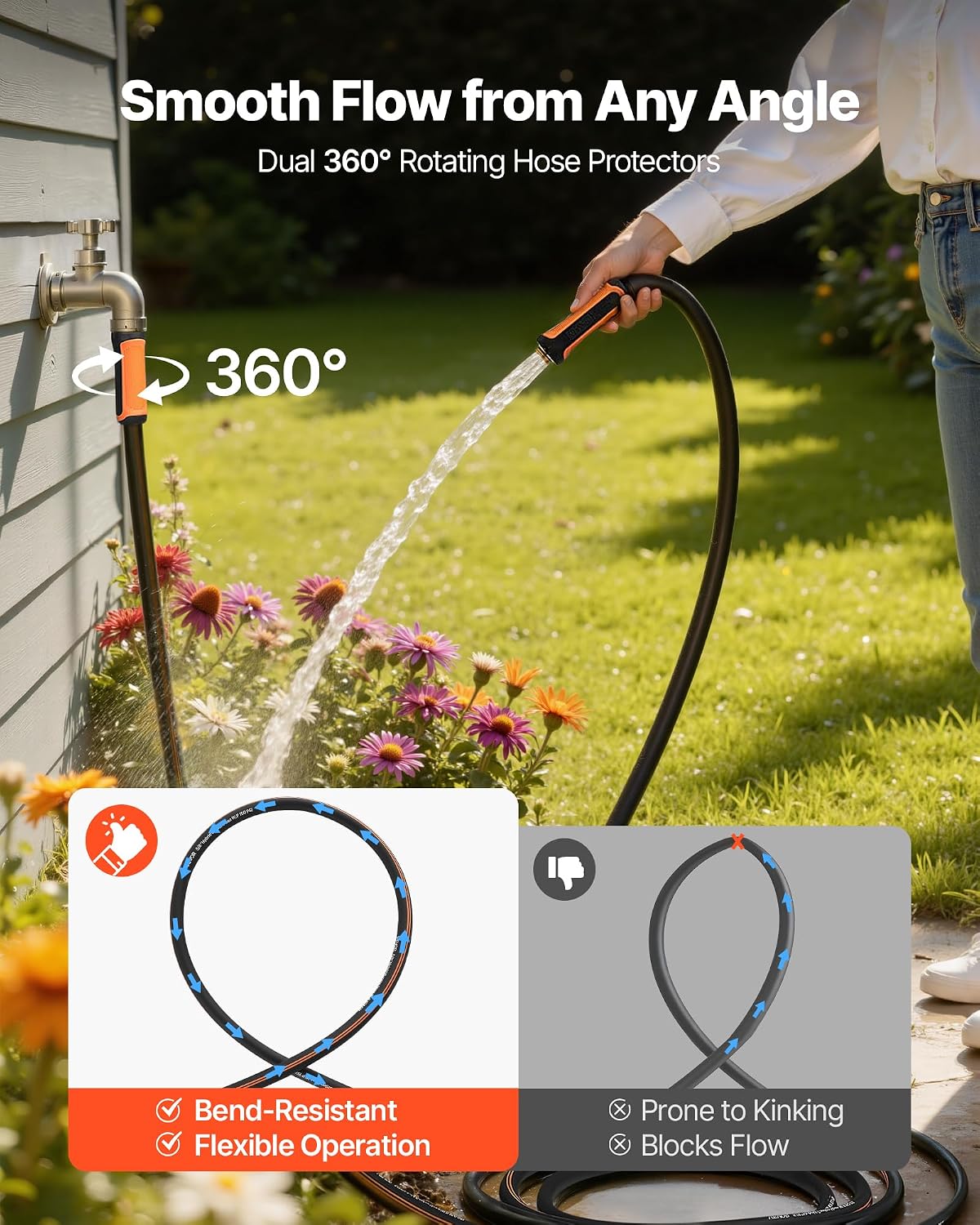 VEVOR Garden Hose, 100 ft 5/8" Heavy Duty 4-Layer Rubber Water Hose, 150PSI Working & 600PSI Burst, Flexible & Non-kink