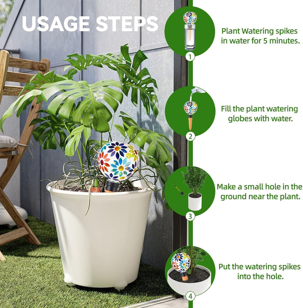 VOREEN Mosaic Glass Plant Watering Globes 2 Pack 500ml with Terracotta Spikes, Handmade Self-Watering Stakes for