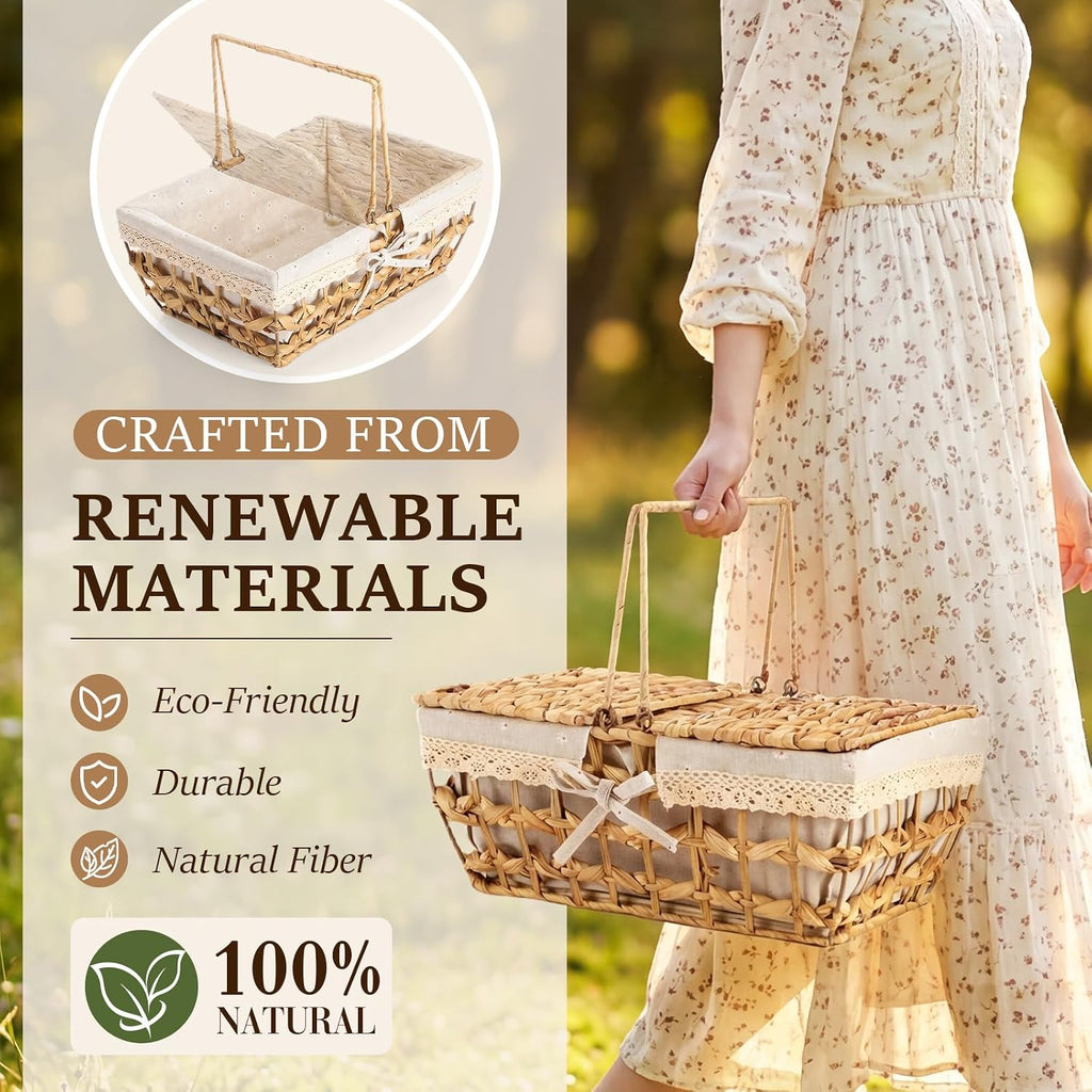 LemonRoad Wicker Picnic Basket with Handle & Lid, 14" Water Hyacinth & Seagrass Hand Woven Basket with Removable Liner