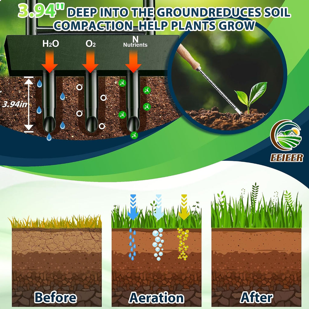 EEIEER Manual Lawn Aerator Tool with Soil Storage Basket - 2025 Upgraded Aerator Lawn Tool, 3 Tines Yard Aerators with