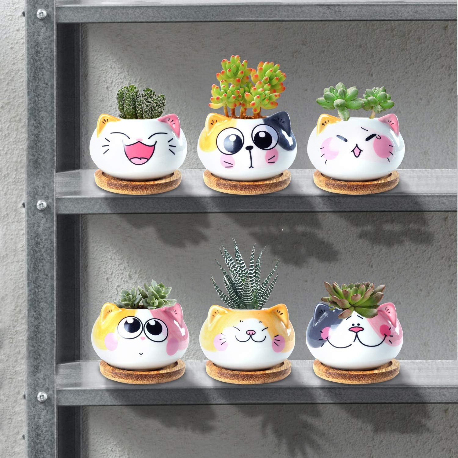 3.6Inch Cat Pot for Plant, Cat Planter Succulent Pot with Drainage Set of 6 | Tiny Animal Planter, Small Ceramic Air