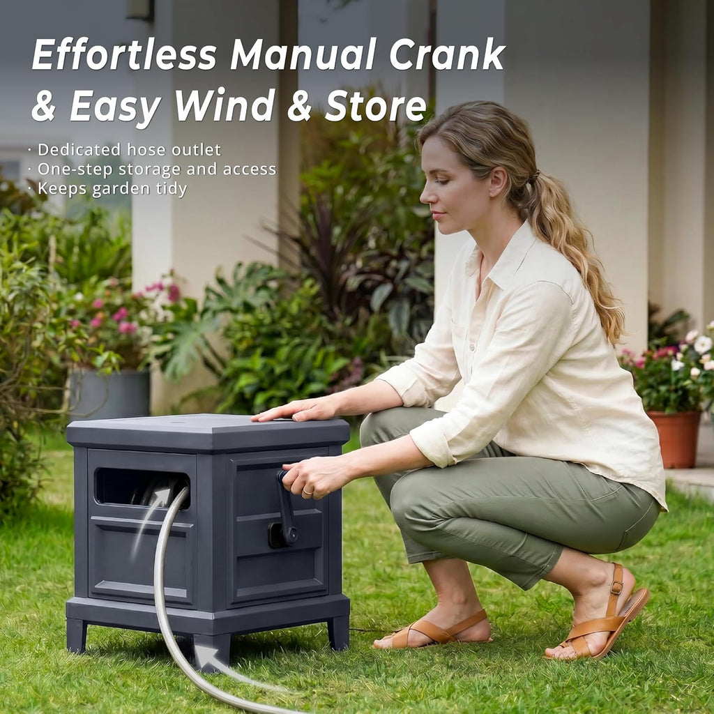 Garden Hose Reel Hideaway, Heavy Duty Metal Hose Reel Box Holds 125FT x 5/8" Hose, Steel Hose Storage Box with Manual