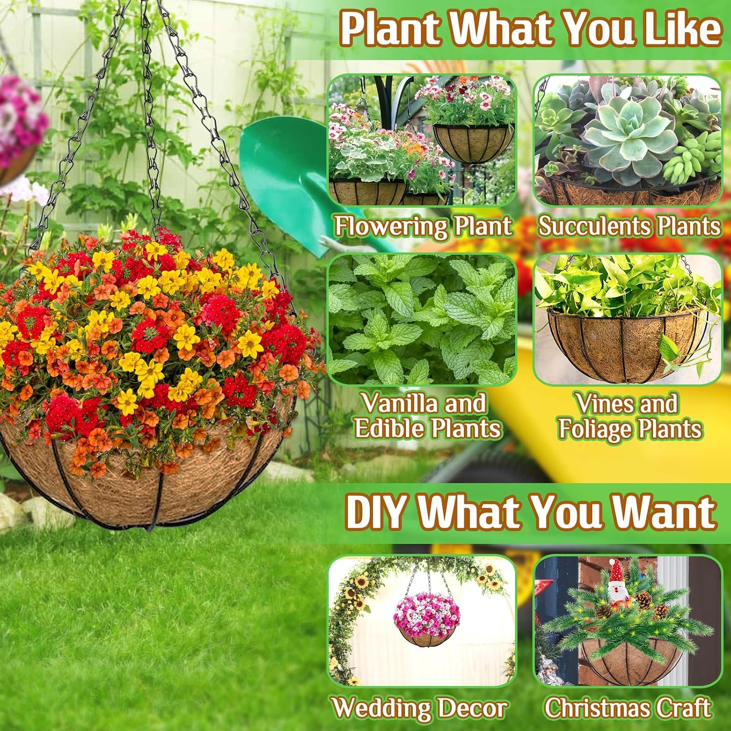 3 Pack 12 Inch Outdoor Hanging Baskets, Metal Wire Hanging Planters with Coconut Liners, Round Hanging Baskets for