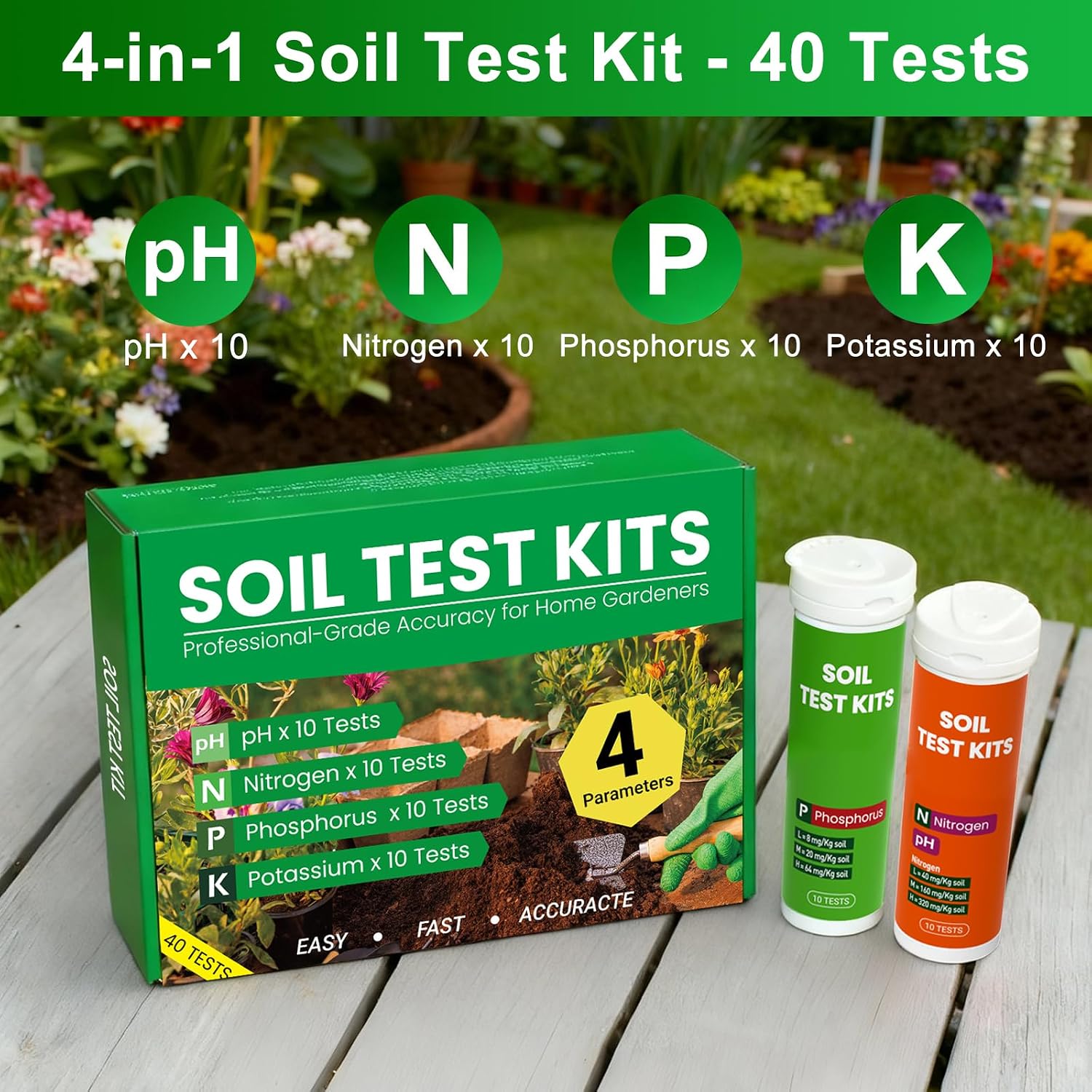 Soil Test Kit 4-in-1 for Lawns & Gardens – 40 Tests (pH, Nitrogen, Phosphorus, Potassium) – Easy Soil Testing Kit for