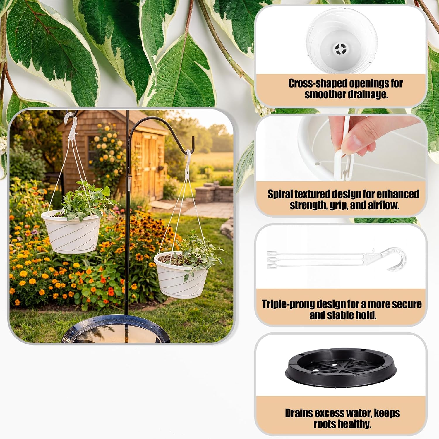 8 Pcs 10 Inch Modern Euro Swirl Hanging Planter Uv-Resistant Plastic Hanging Basket Smart Drainage Lightweight Indoor