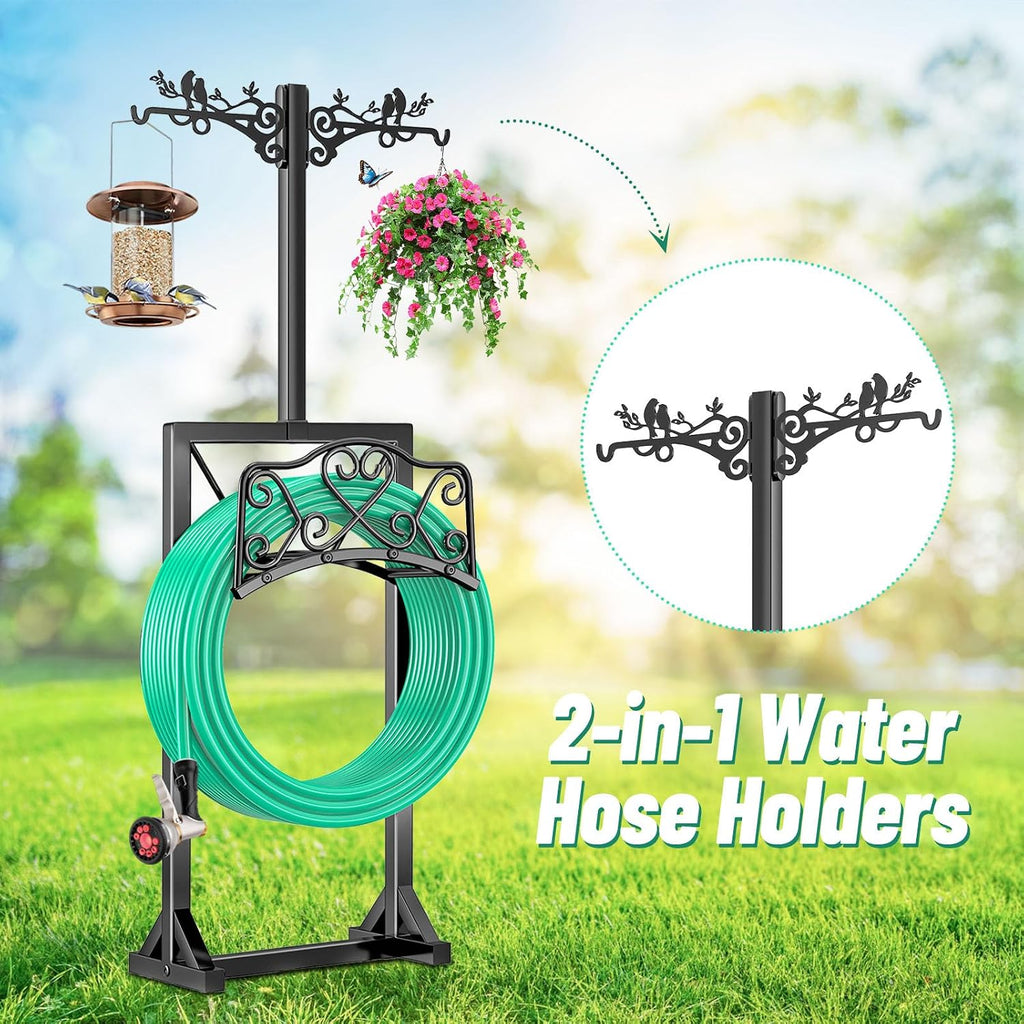 Garden Hose Holder, Freedstanding Heavy Duty Garden Water Hose Holder Stand with 2 Shepherds Hooks, Detachable Metal