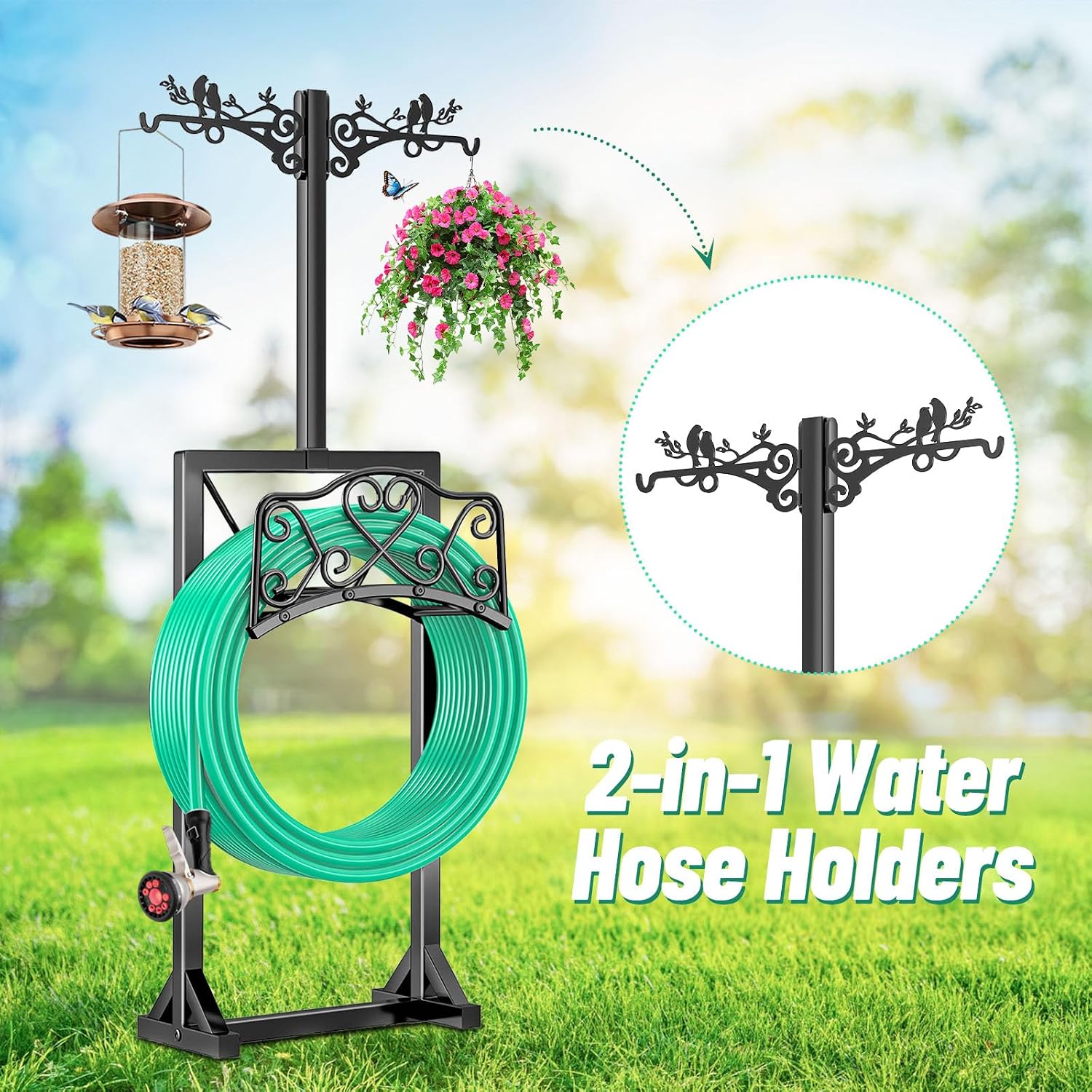 Garden Hose Holder, Freedstanding Heavy Duty Garden Water Hose Holder Stand with 2 Shepherds Hooks, Detachable Metal