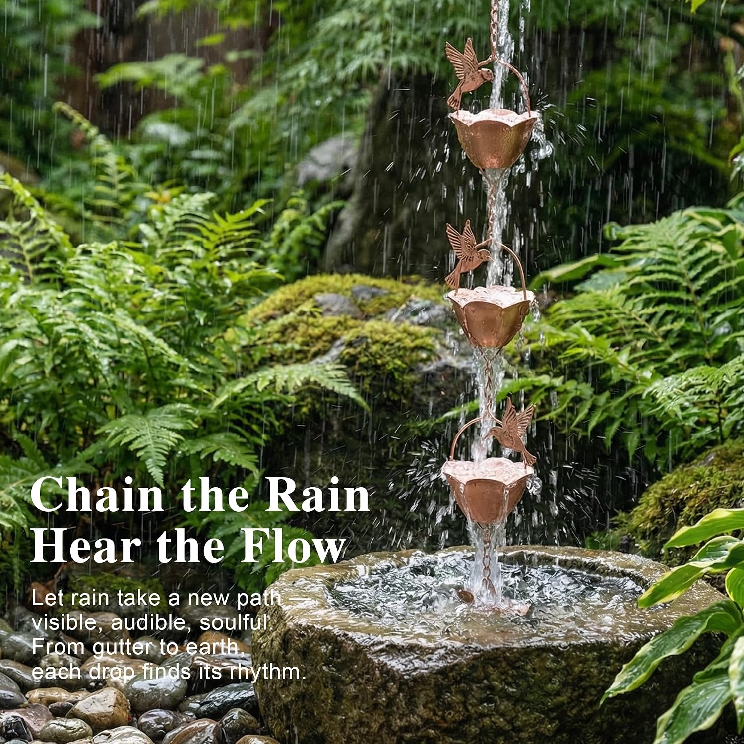 8.5FT Hummingbird Lotus Rain Chain for Gutters, Metal Rain Chain | 12 Cups, Adjustable Rain Catcher Chain with Bell for