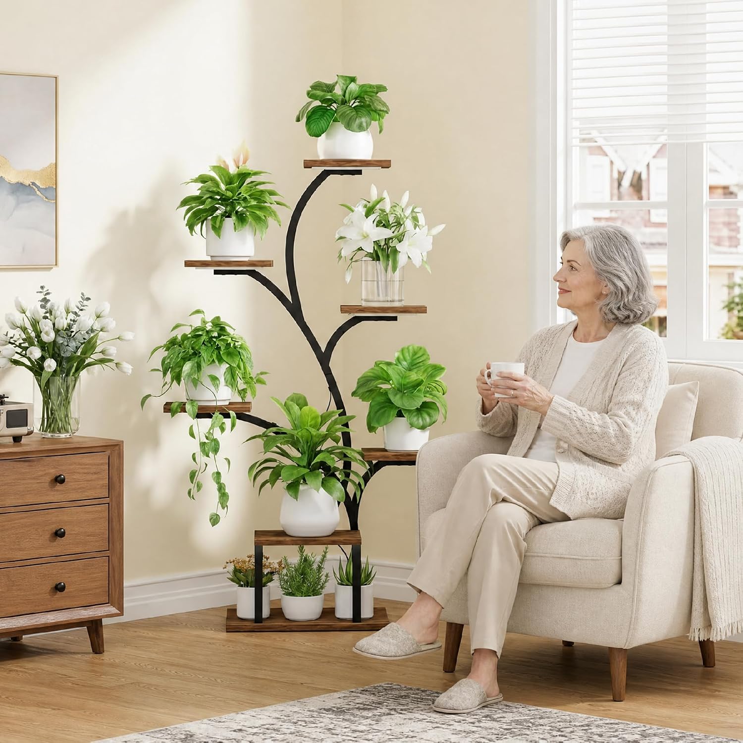 BACEKOLL Plant Stand Indoor with Grow Light, 7 Tier 49" Lighted Plant Shelf | Tree-Shaped Tall Holder with Full