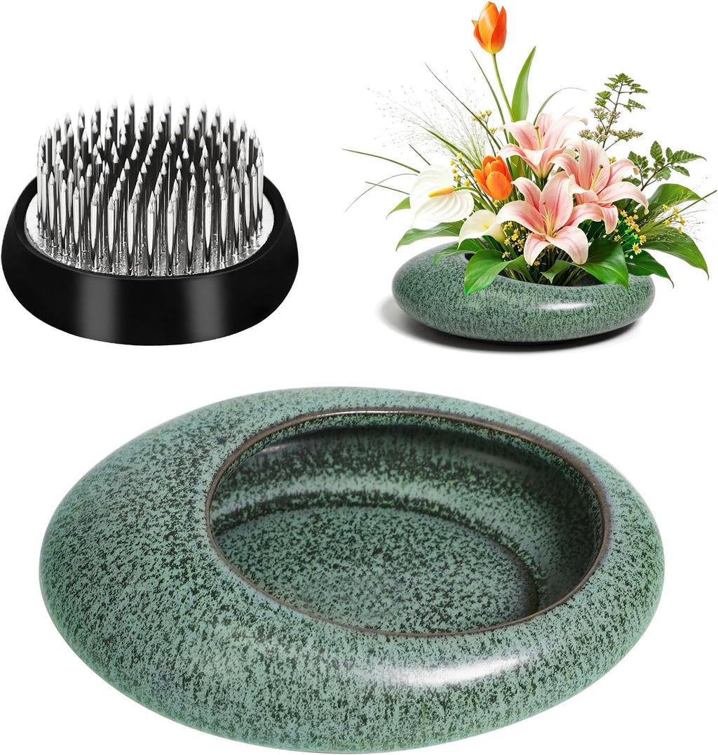 Ikebana Vases with Flower Frog, Ceramic Flower Frog Vase for Ikebana Flower Arrangement, Japanese Ikebana with Kenzan, Decorative Ikebana Bowl for Home Decor, Gift for Flower Lovers
