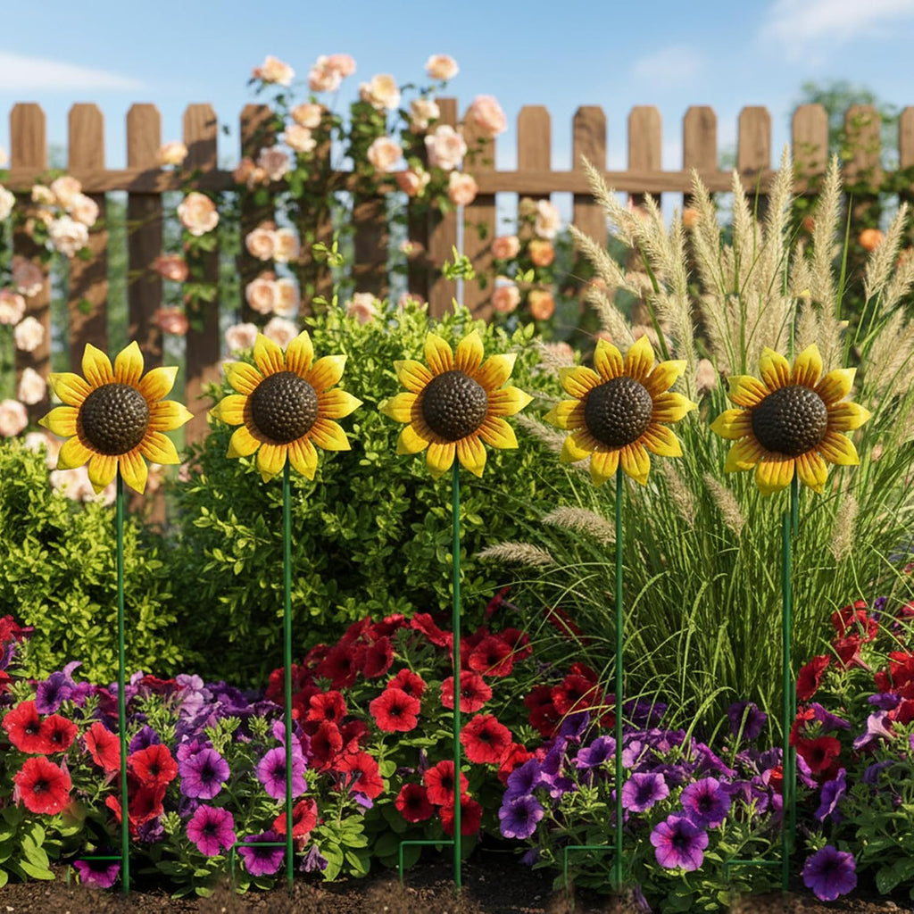 Sunflowers Metal Yard Art Wind Spinners Outdoor Decoration Stakes | 5pcs Lawn Ornaments, Lawn Decorations Garden