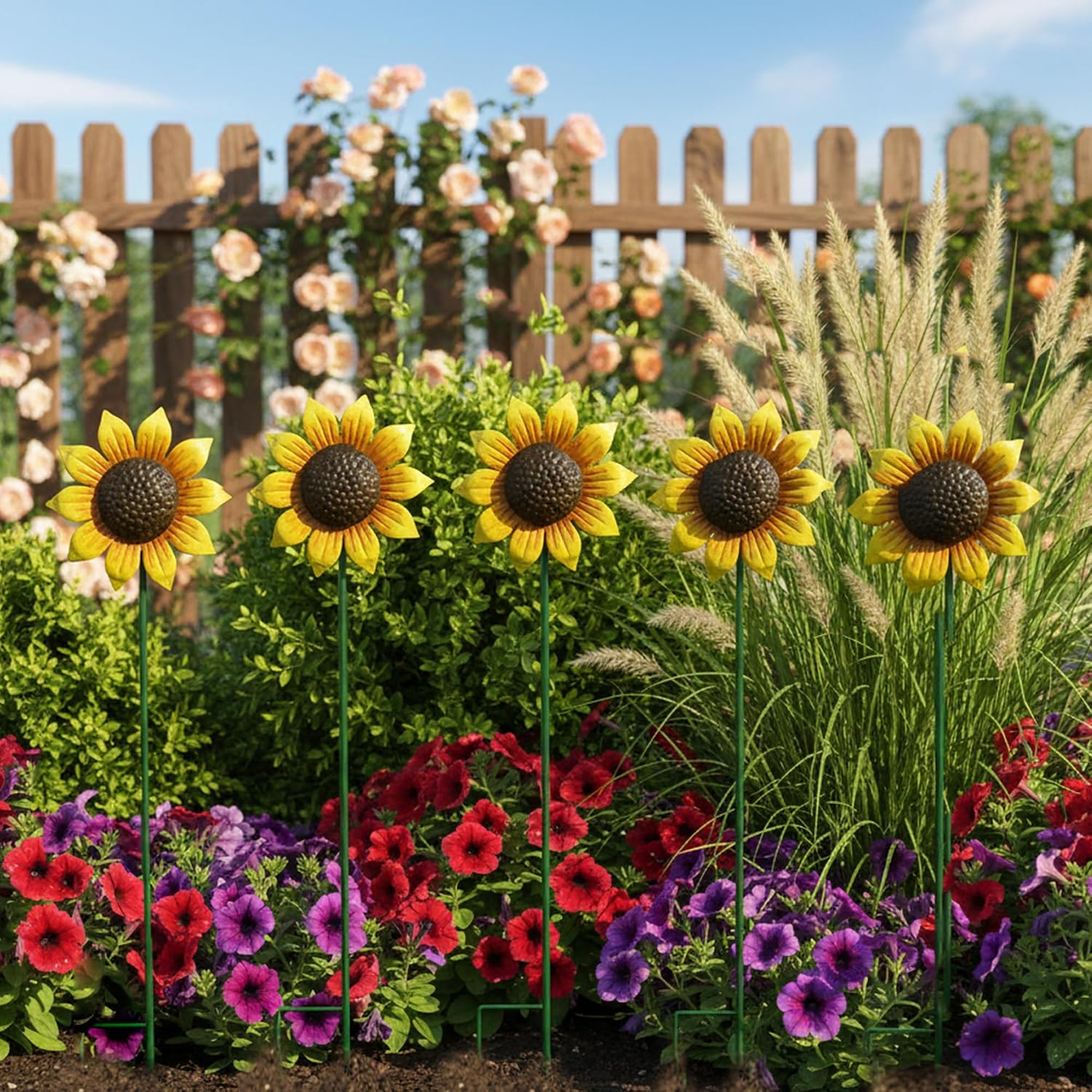 Sunflowers Metal Yard Art Wind Spinners Outdoor Decoration Stakes | 5pcs Lawn Ornaments, Lawn Decorations Garden