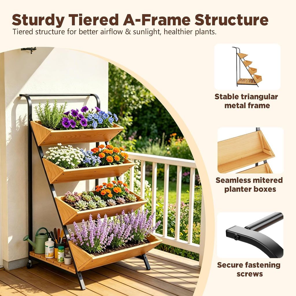 4-Tier Vertical Garden Planter Outdoor Tiered Planter on Wheels | Raised Garden Bed for Climbing Plants, Vegetables